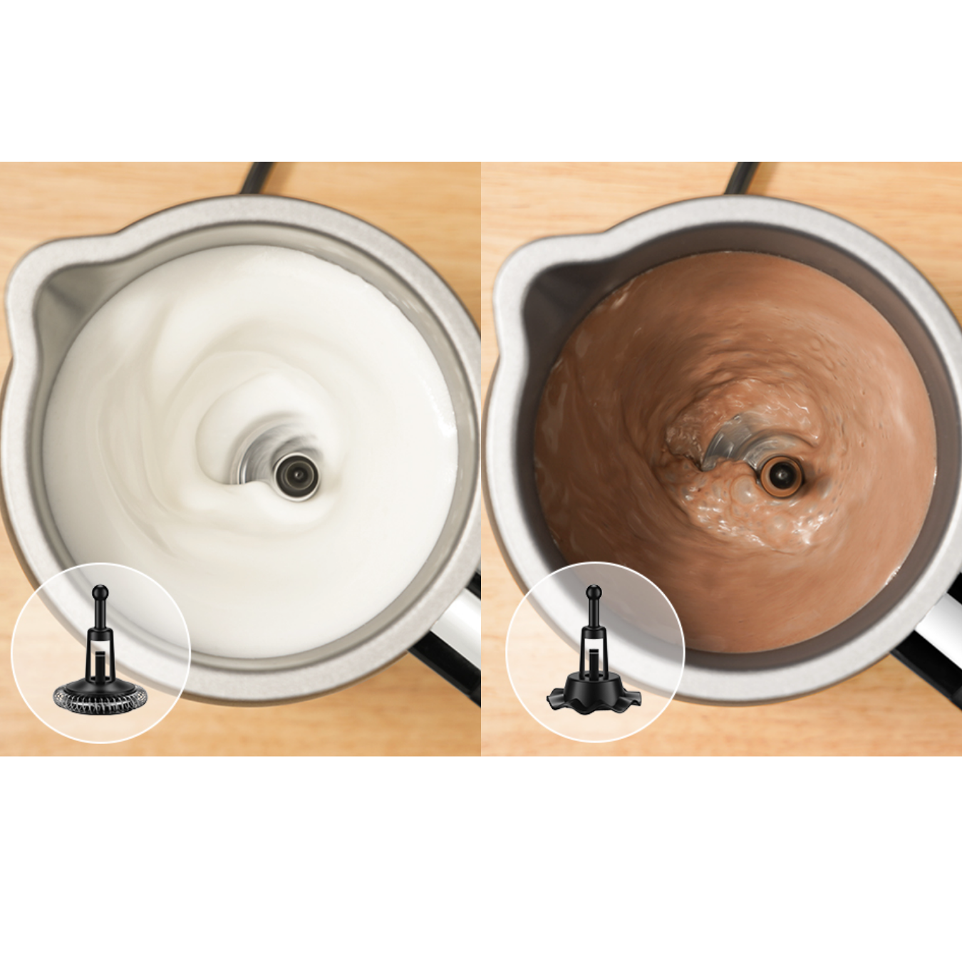 Close-up van melk en chocolade die worden gemengd in een melkopschuimer. Witte en bruine kleuren.