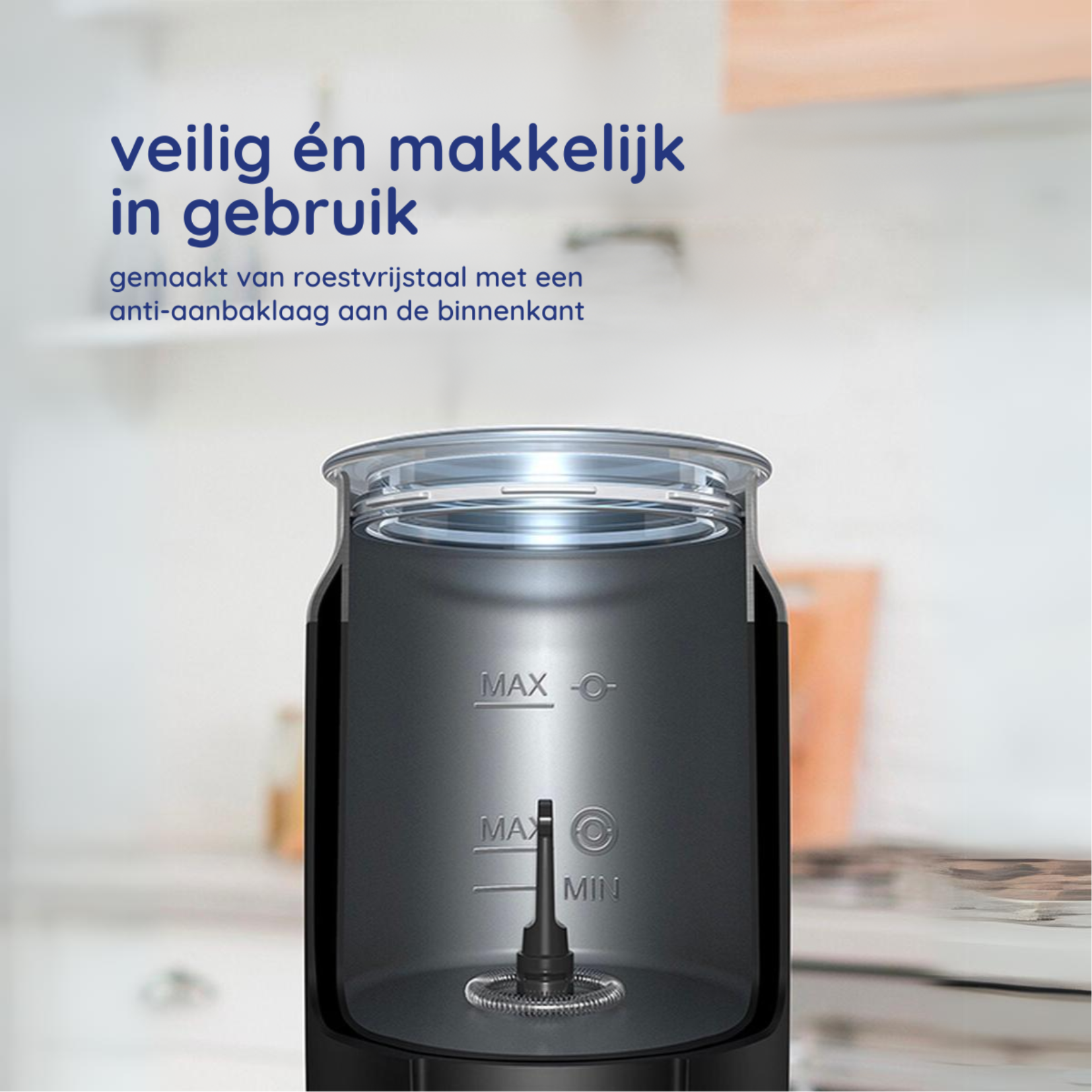 Close-up van de binnenkant van een koffiezetapparaat: de max- en minniveaus worden getoond.