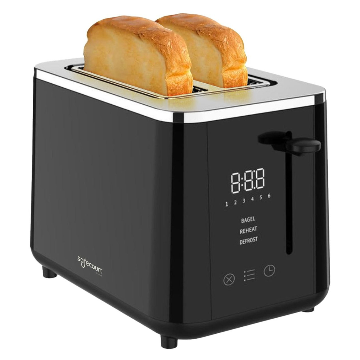 Zwarte broodrooster met twee sneetjes brood erin. De broodrooster heeft een digitaal display.