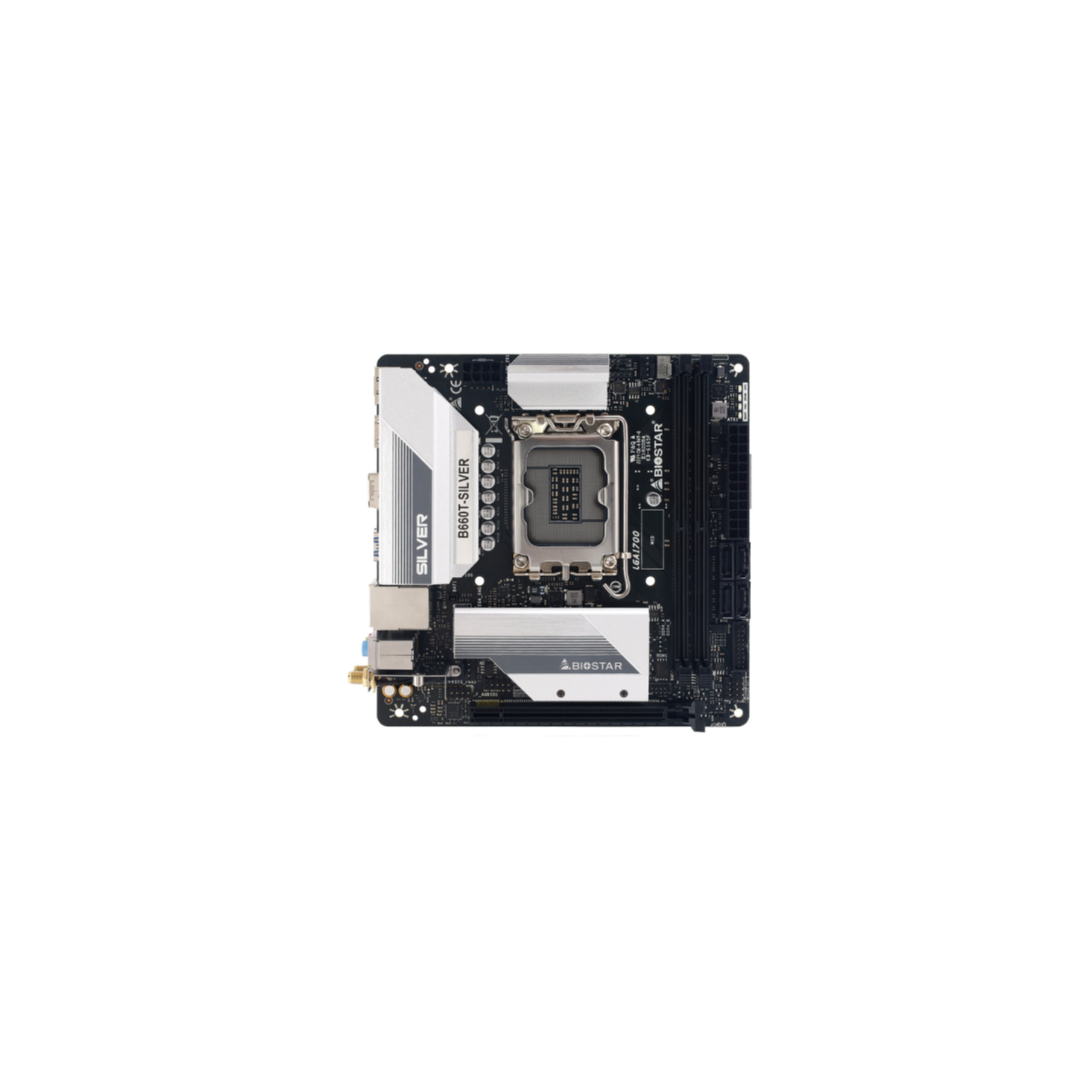 Ein kleines silbernes Motherboard mit verschiedenen Komponenten und einem schwarzen und silbernen Kühlkörper.