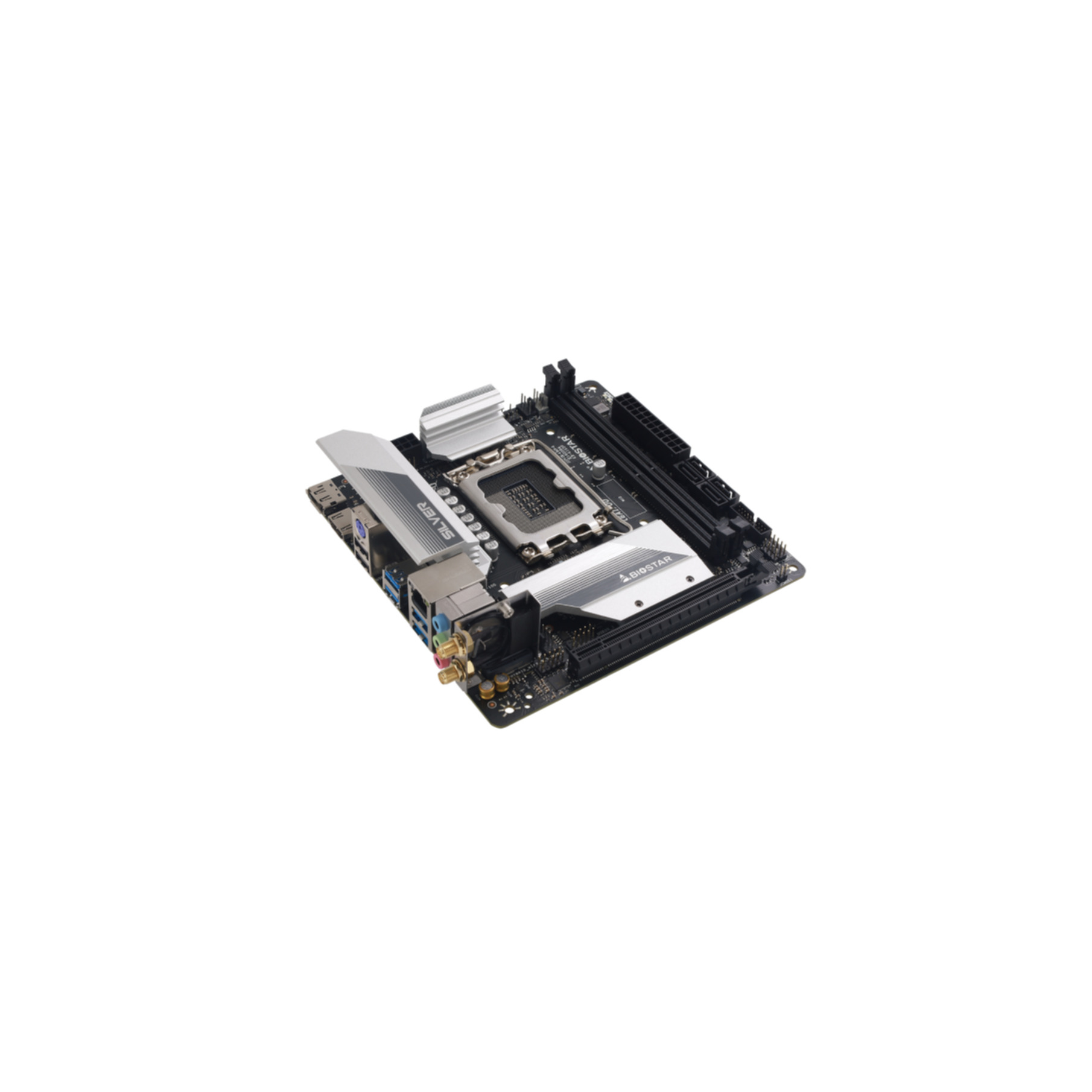 Ein schwarzes und silbernes Motherboard mit mehreren Komponenten. Es hat verschiedene Anschlüsse und einen Kühlkörper.