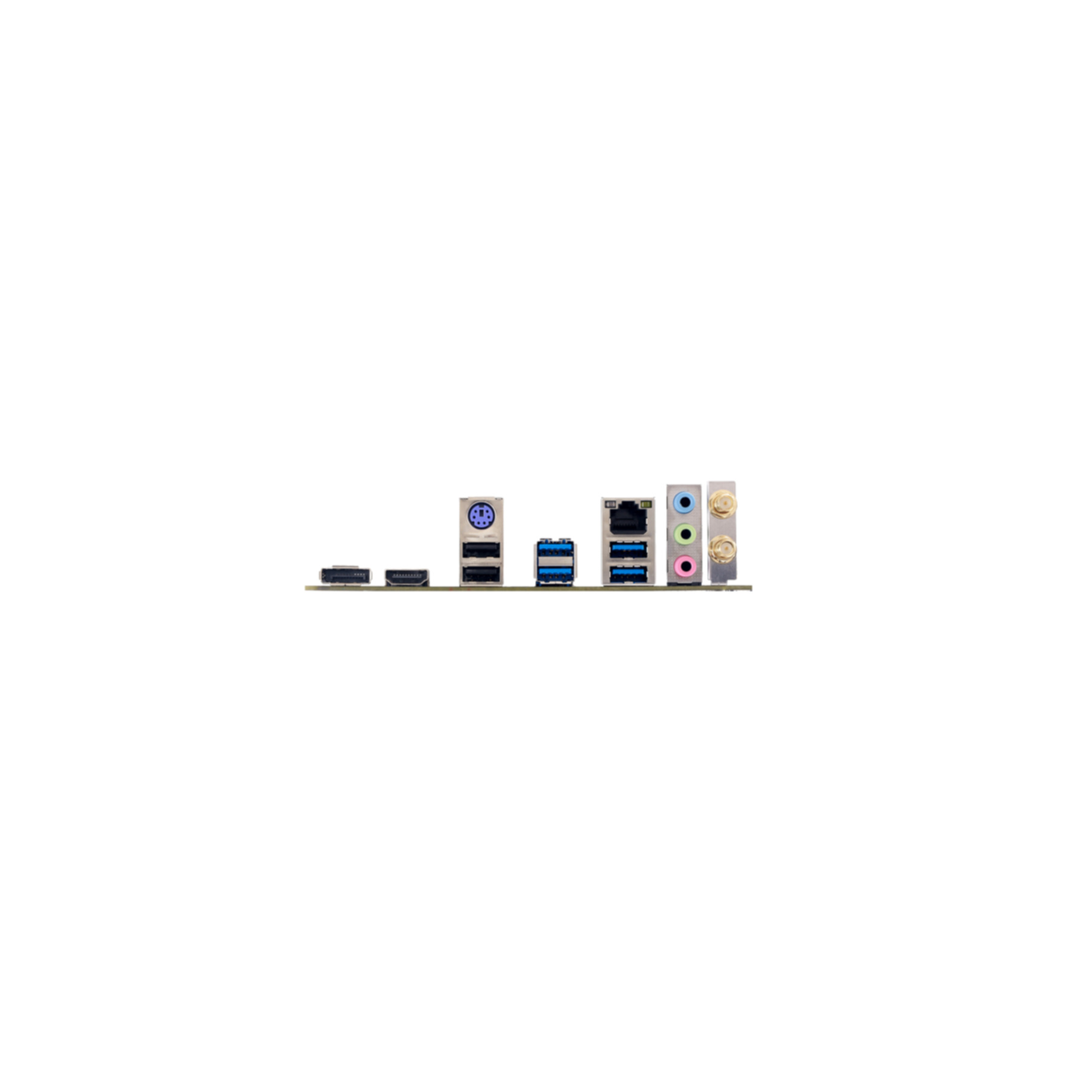 Rückseite eines Motherboards mit verschiedenen Anschlüssen. Anschlüsse umfassen: USB, Audio und Ethernet.