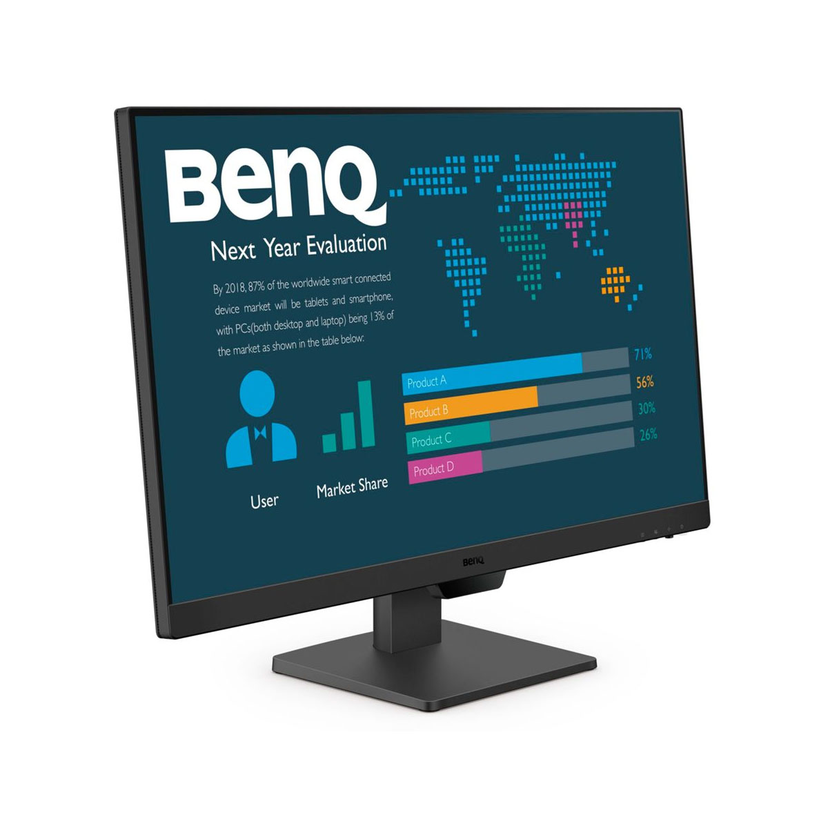 Monitor komputera wyświetlający grafikę BenQ z wykresami i tekstem o udziale w rynku.