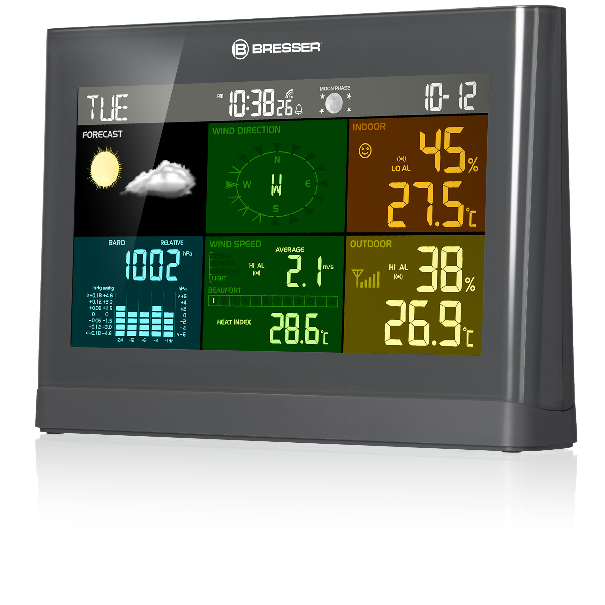 Una pantalla de estación meteorológica que muestra el pronóstico, la hora, el viento, la temperatura y las lecturas de humedad.