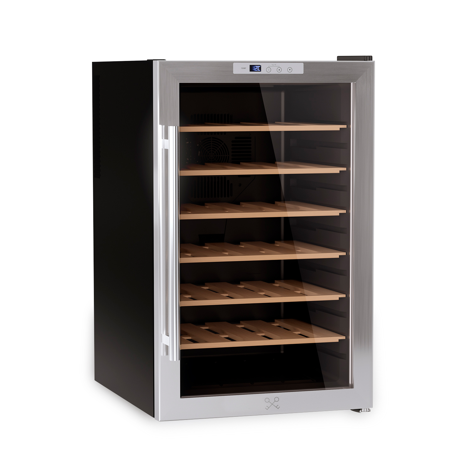 Ein Weinkühler. Es hat eine Glastür mit Holzregalen. Auf weißem Hintergrund.