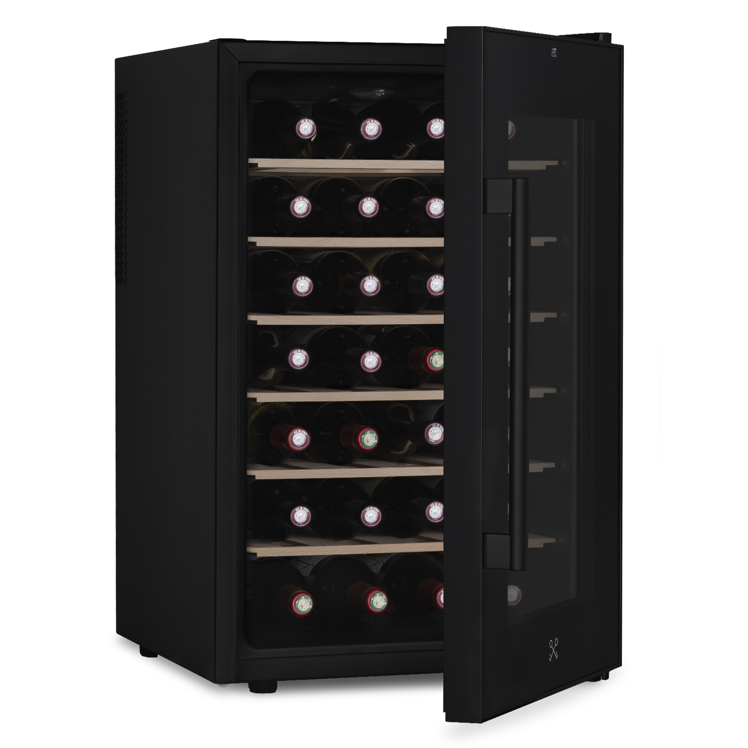 Schwarzer Weinkühler mit Glastür, Wein präsentierend. Geöffnete Tür.