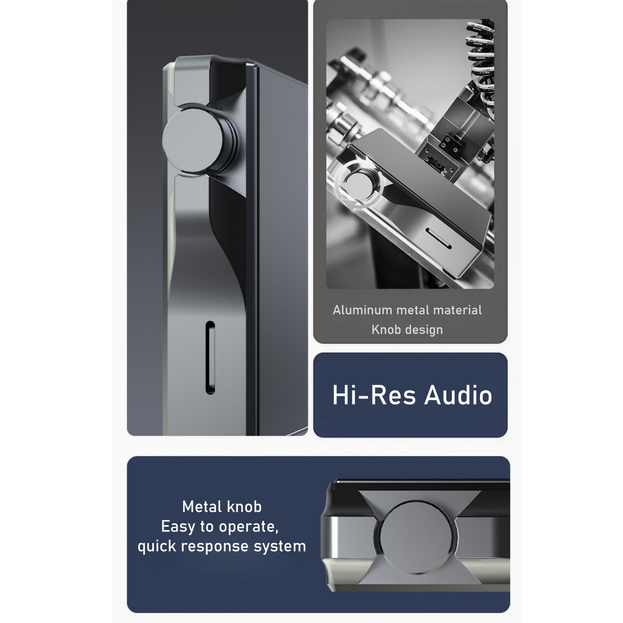 Nahaufnahme eines Hi-Res Audio-Geräts mit Metallknopf und Aluminium-Metalldetails.