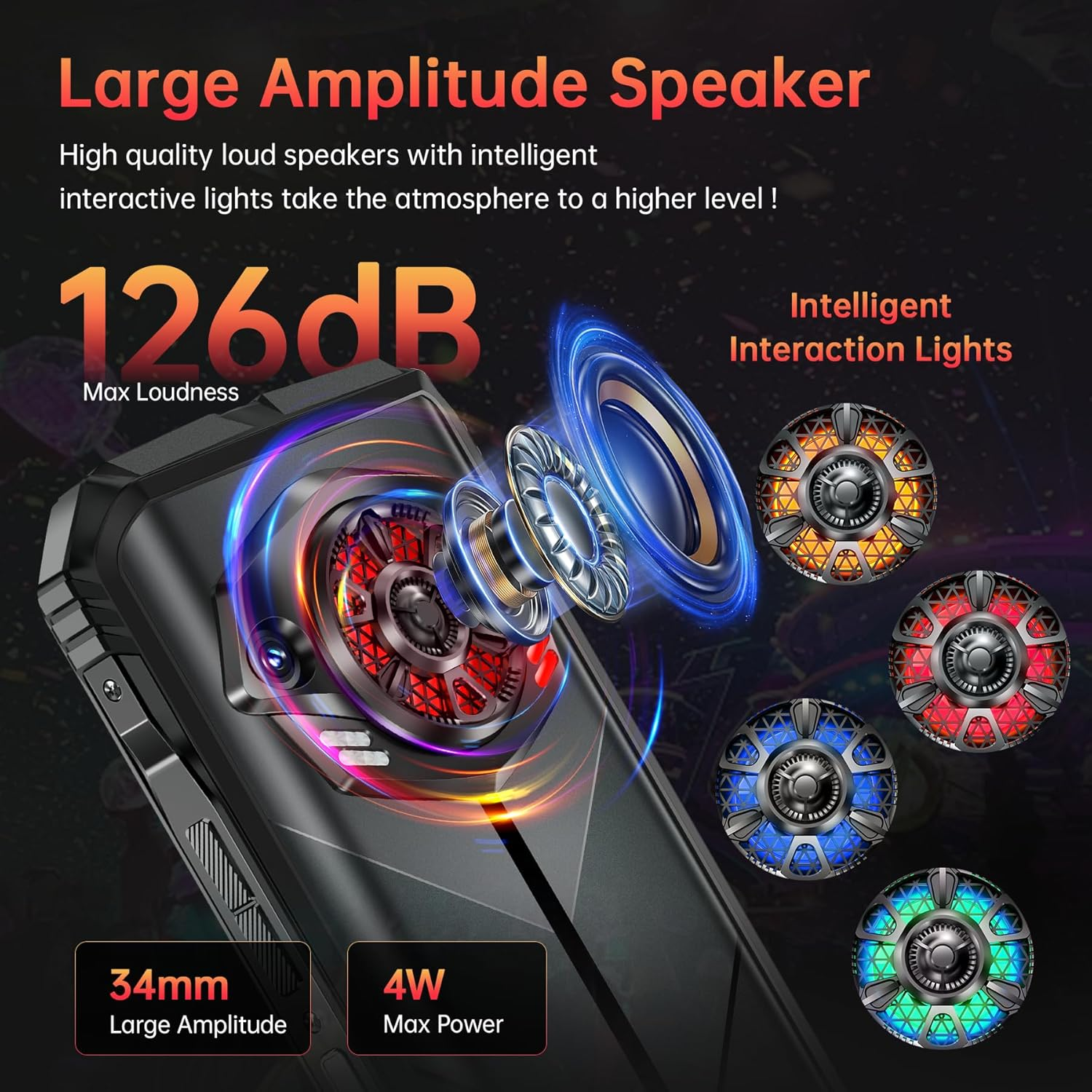 Schwarzes Telefon mit großem Lautsprecher, bunten Lichtern und Text: 'Large Amplitude Speaker'.