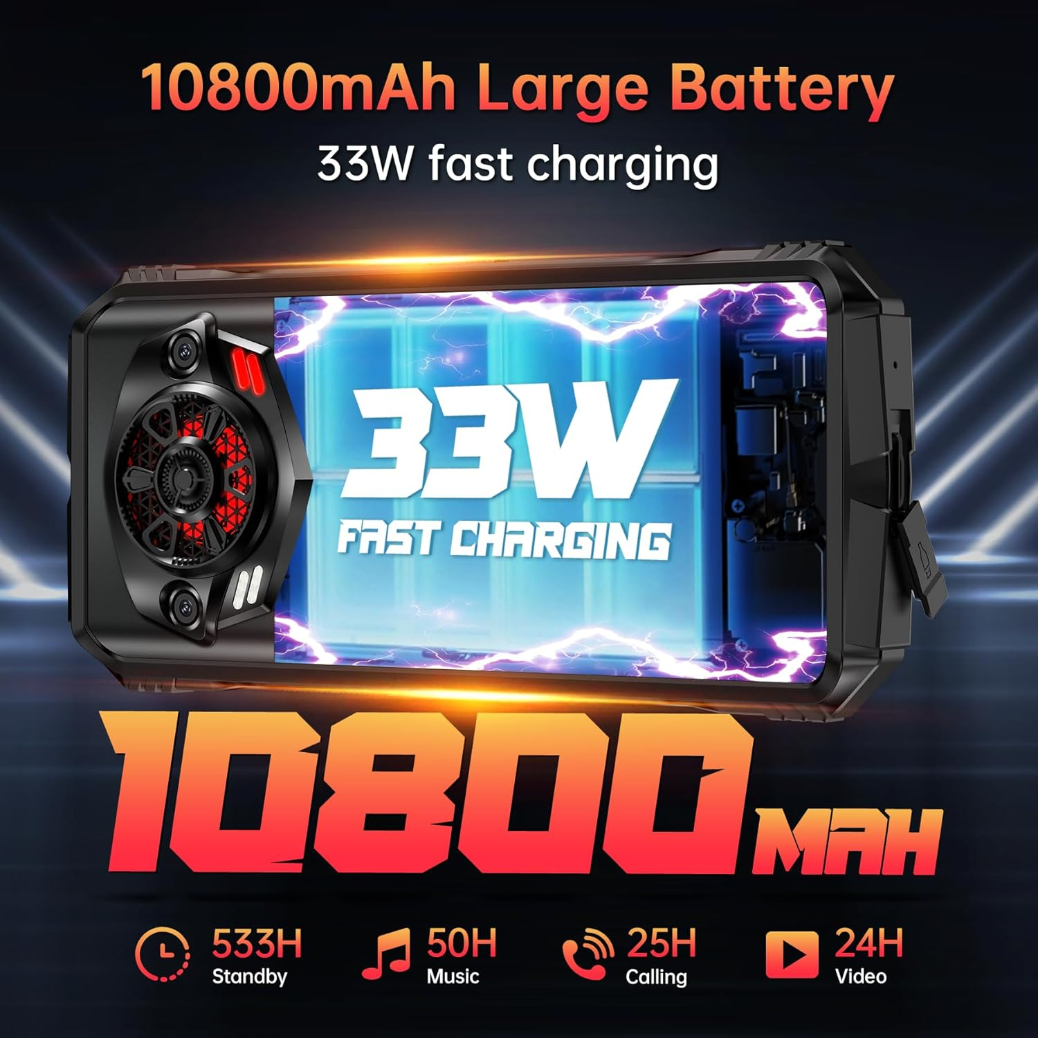 Smartphone-Bildschirm mit 33W Schnellladung und Akku-Spezifikationen: 10800mAh, 533H, 50H, 25H, 24H.