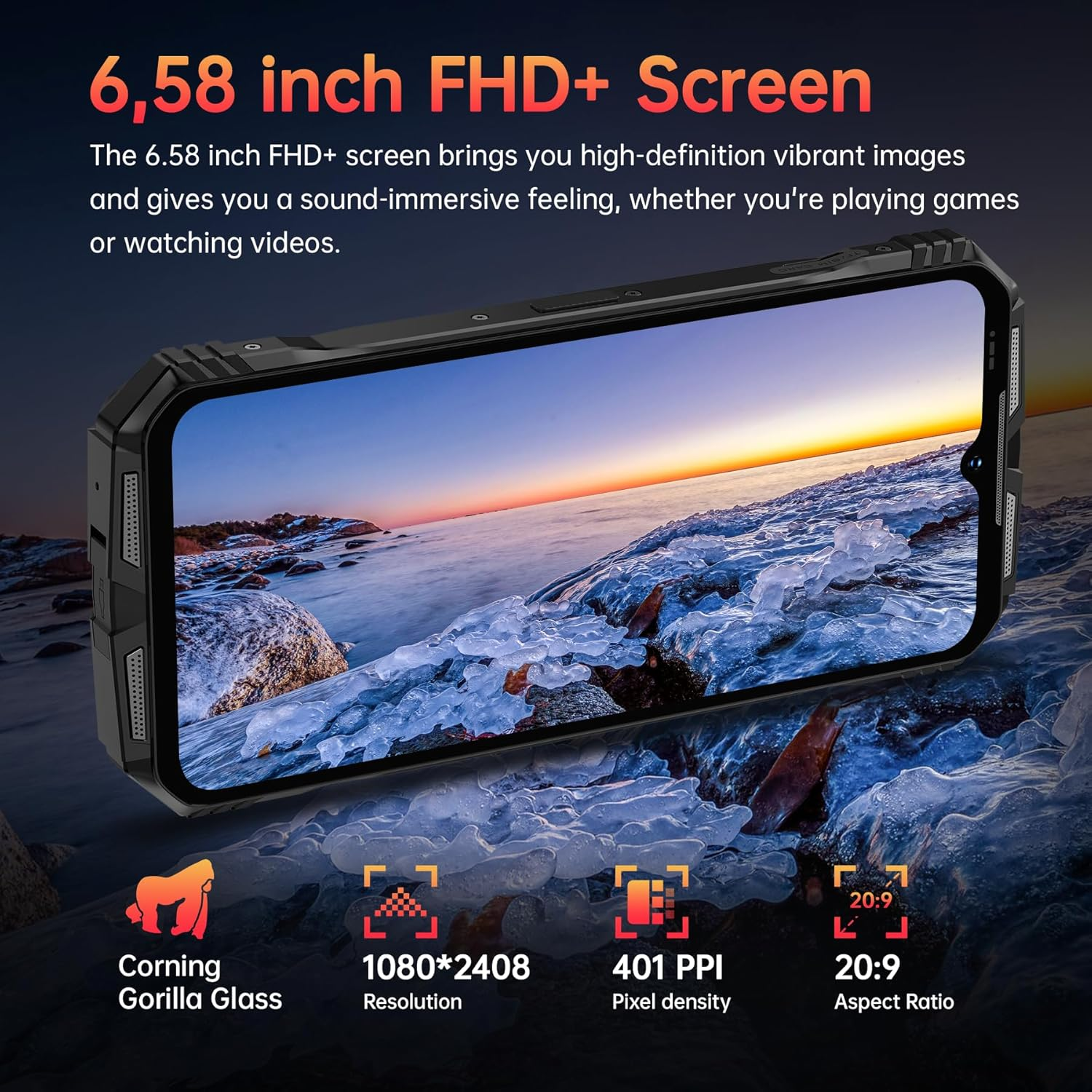 Ein Smartphone zeigt eine malerische Landschaft. Text-Overlay hebt Bildschirmgröße, Auflösung und Seitenverhältnis hervor.