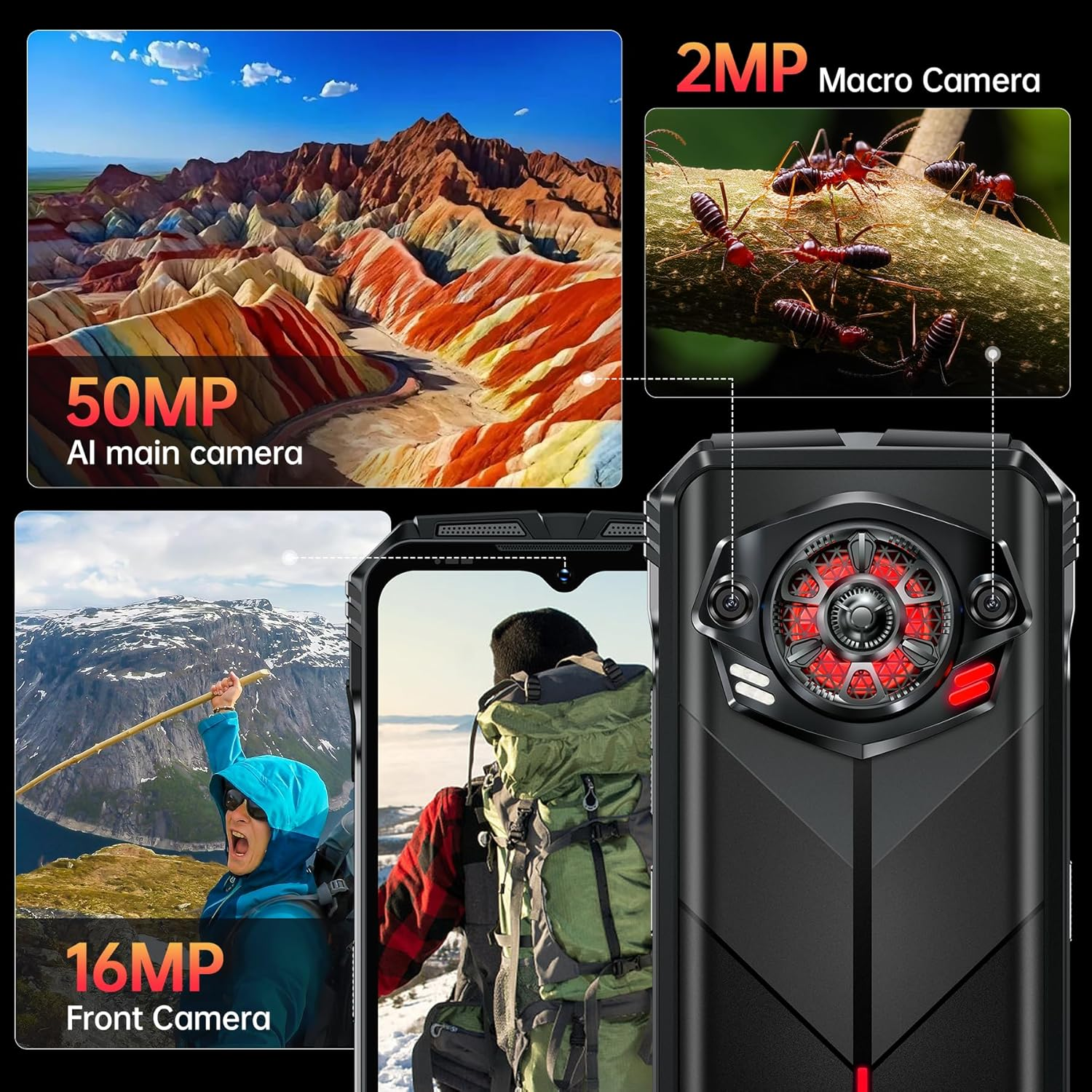 Ein Smartphone mit mehreren Kameras und einer bunten Berglandschaft im Hintergrund, mit Insekten in der Makrokamera.