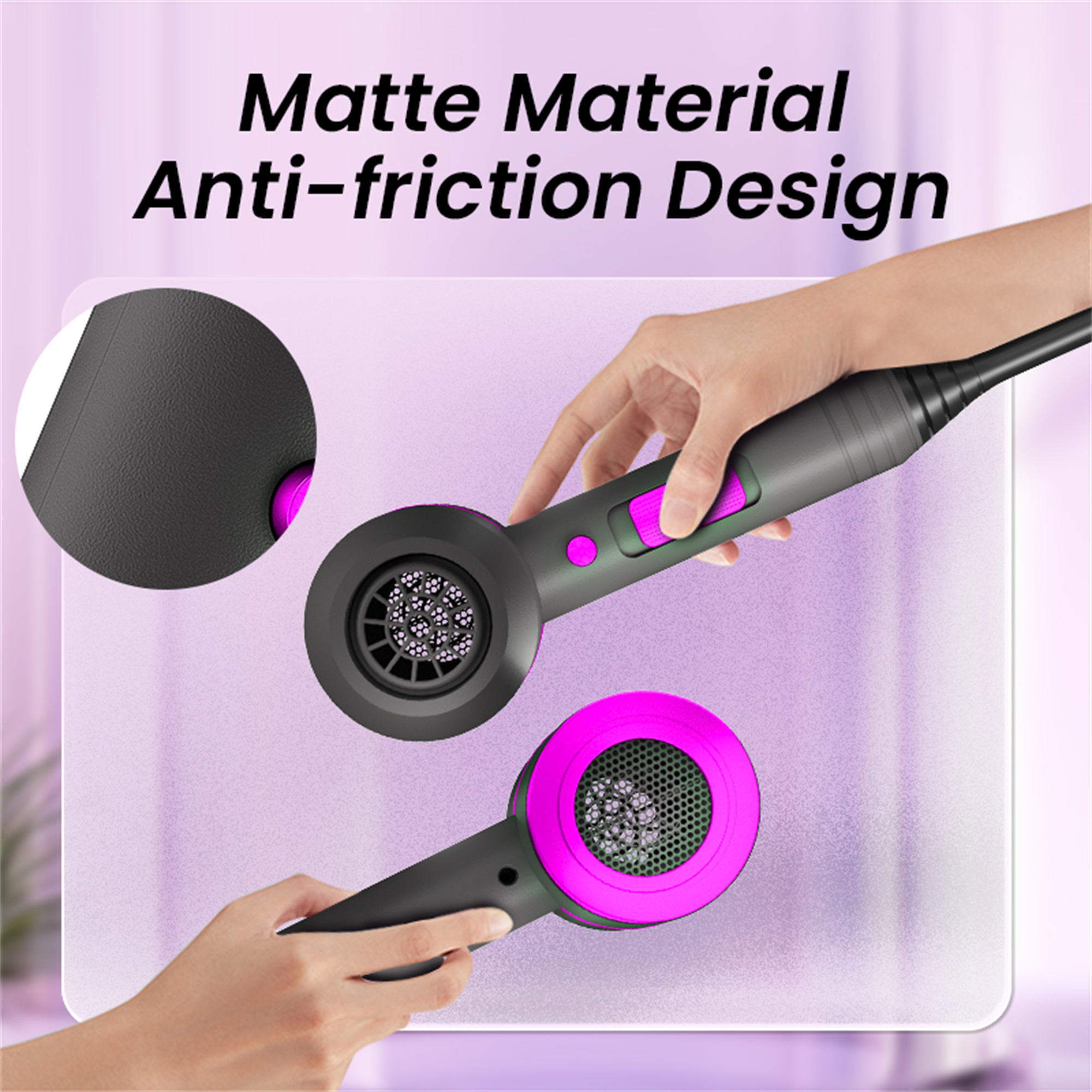 Ein Haartrockner in zwei Teilen, mit mattem schwarzem Gehäuse und rosa Akzent. Die Worte Matte Material sind sichtbar.
