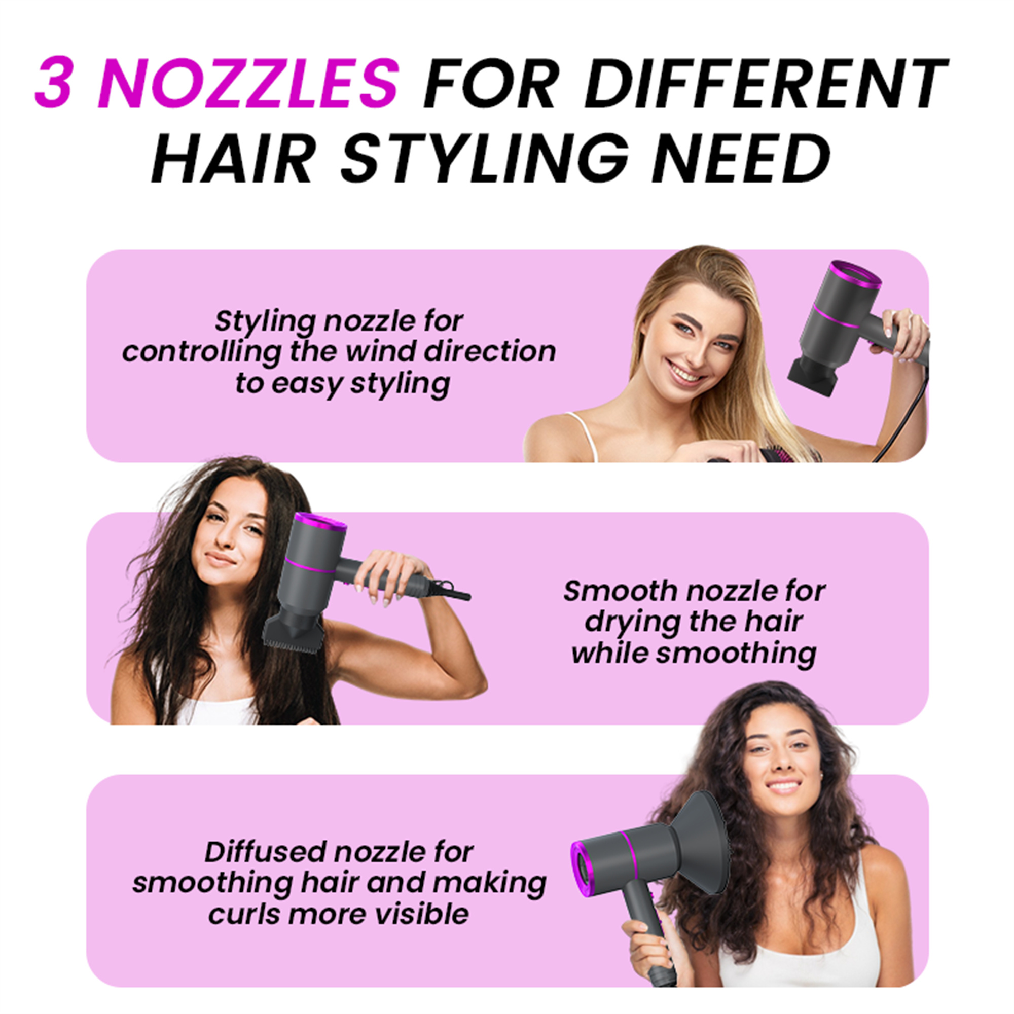 Drei Frauen mit unterschiedlichen Frisuren, die einen Haartrockner benutzen.