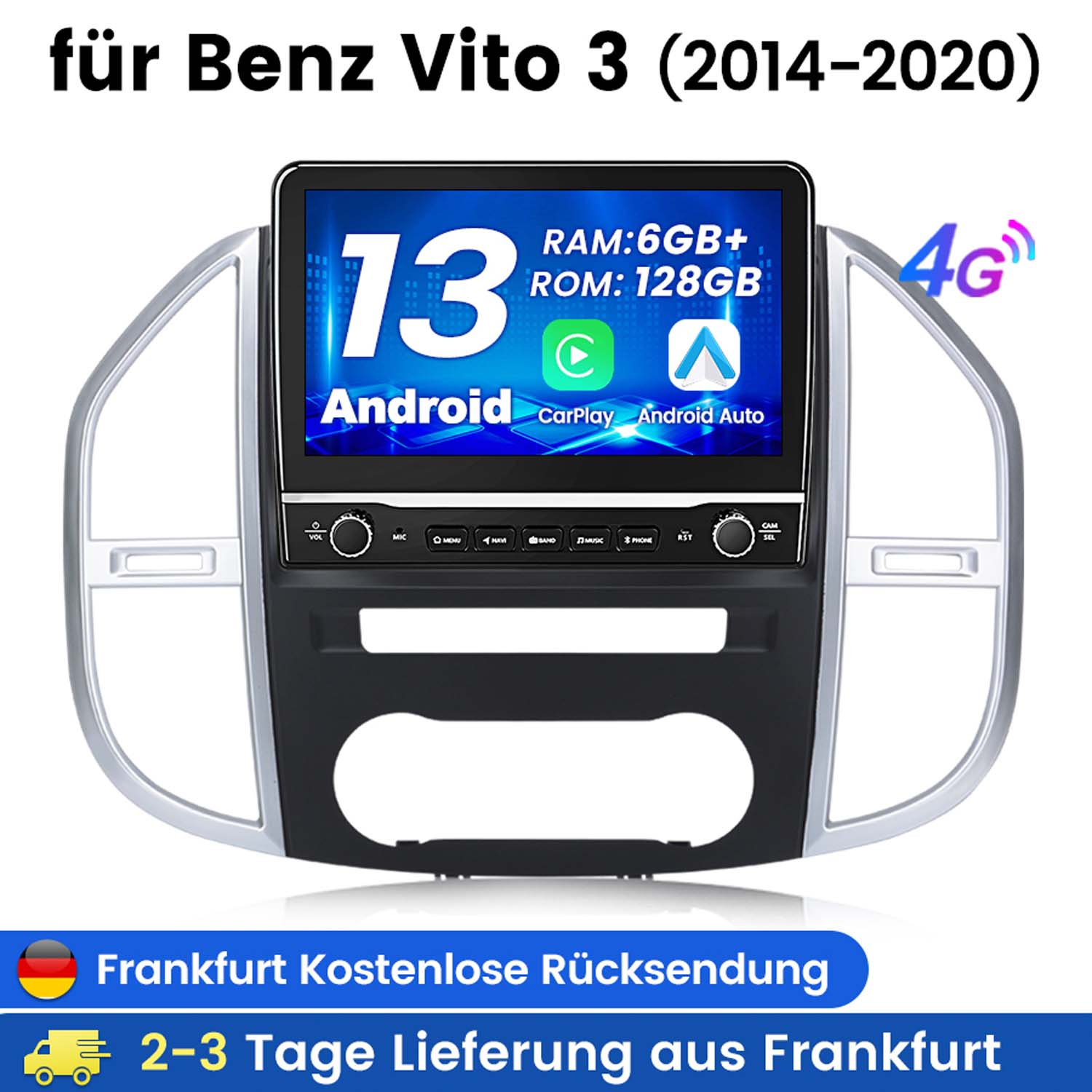 Autoradio-Display mit Android, CarPlay und Android Auto-Funktionen.