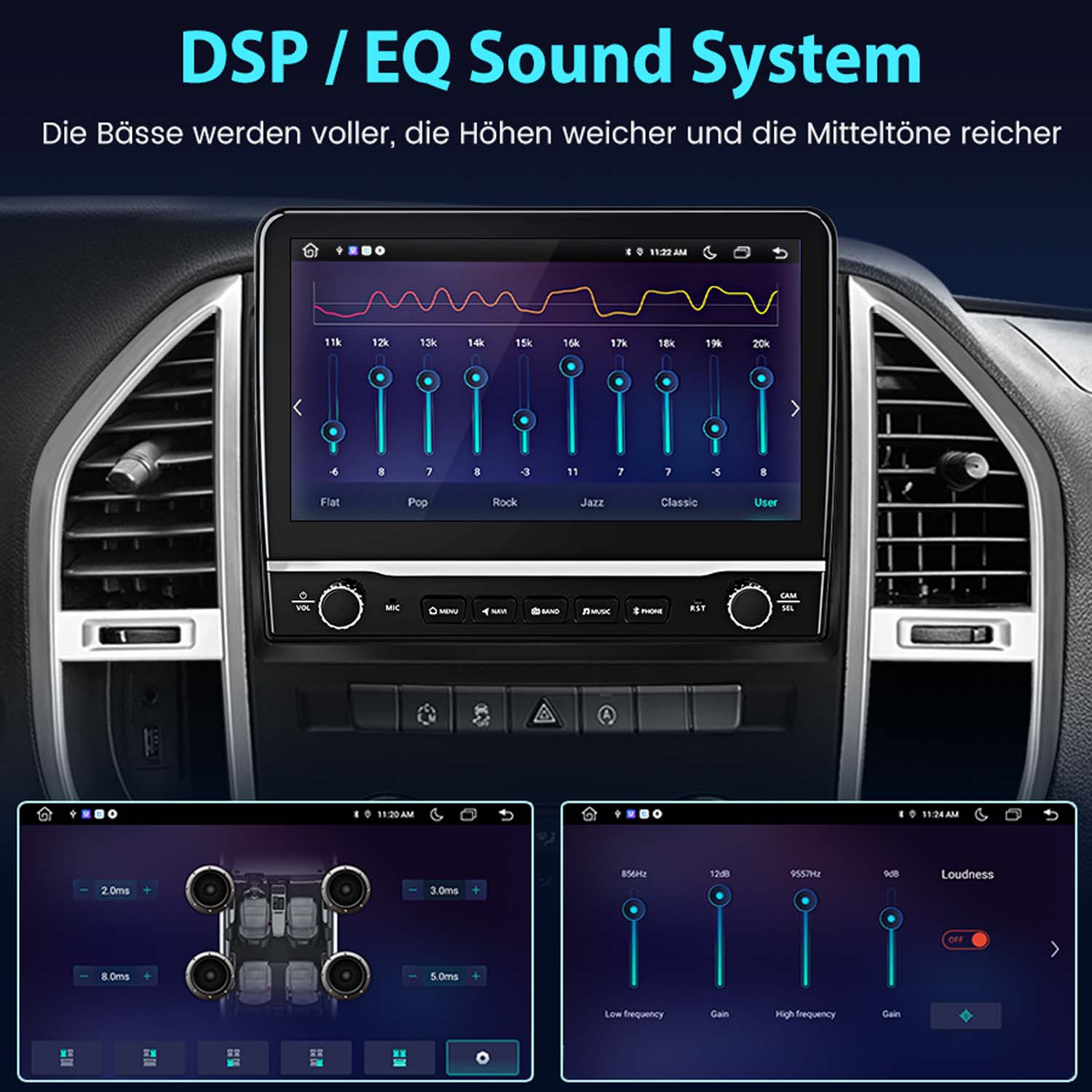 Auto-Armaturenbrettanzeige mit Toneinstellungen. Anzeigen zeigen Equalizer, Lautstärke und Sound-System-Einstellungen.