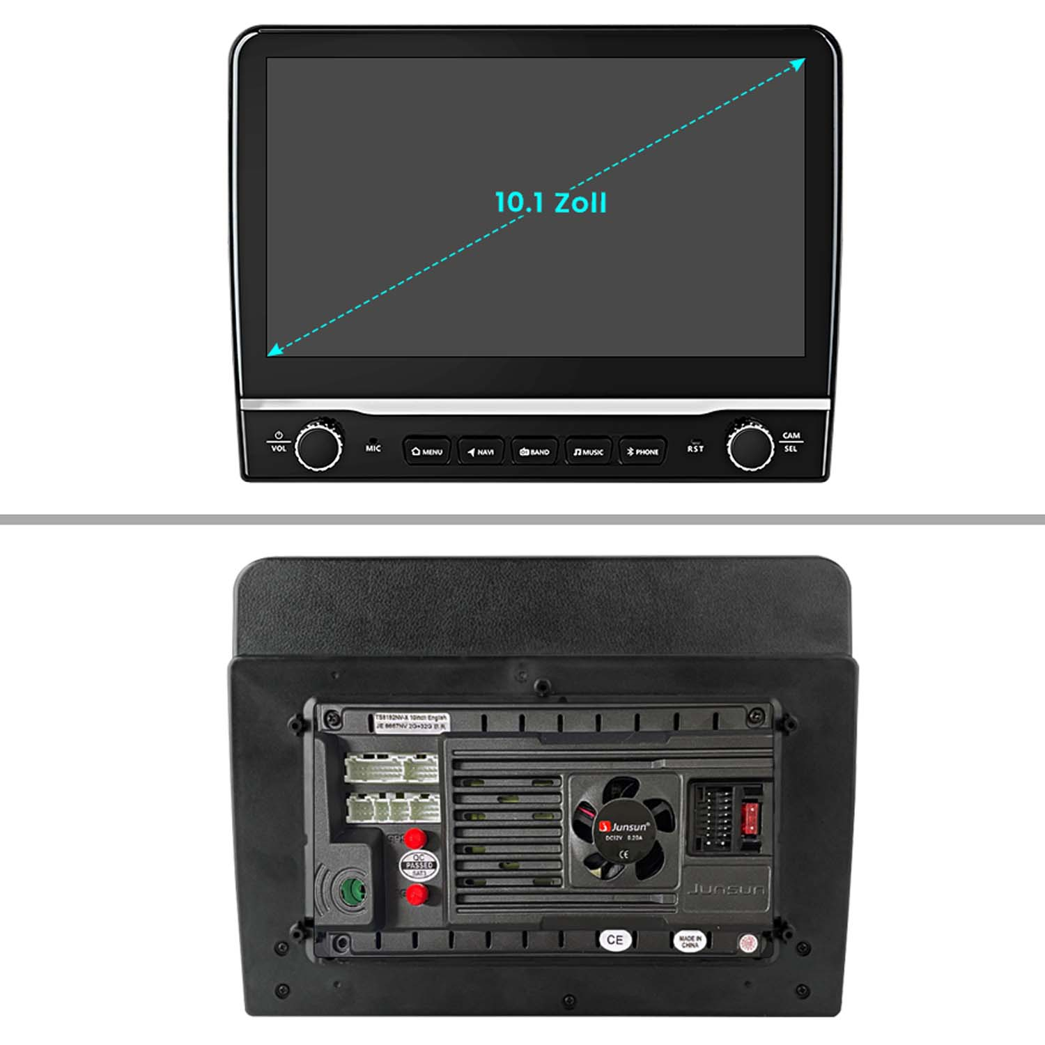 Ein Autoradio mit einem 10,1-Zoll-Bildschirm. Oben ist der Bildschirm, unten die Rückseite mit Anschlüssen und Lüfter.