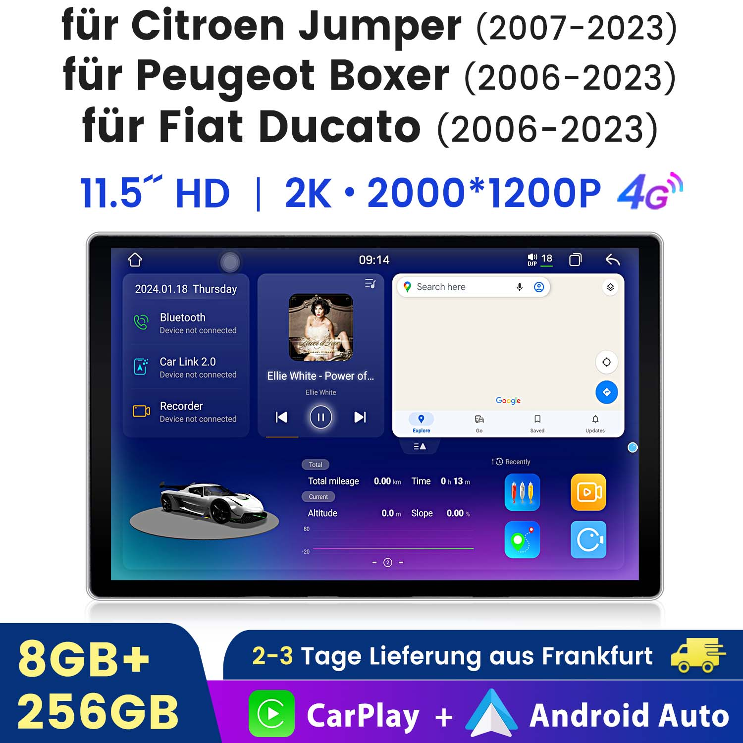 Car-Multimedia-Player für Citroen, Peugeot und Fiat, mit Navigationsanzeige.