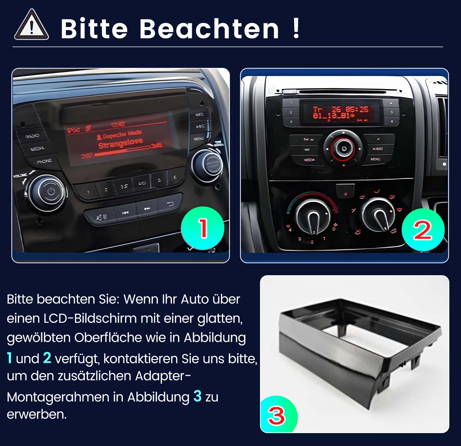 Autoradio-Displays mit Details und Anweisungen. Eines zeigt Musik, das andere die Zeit.
