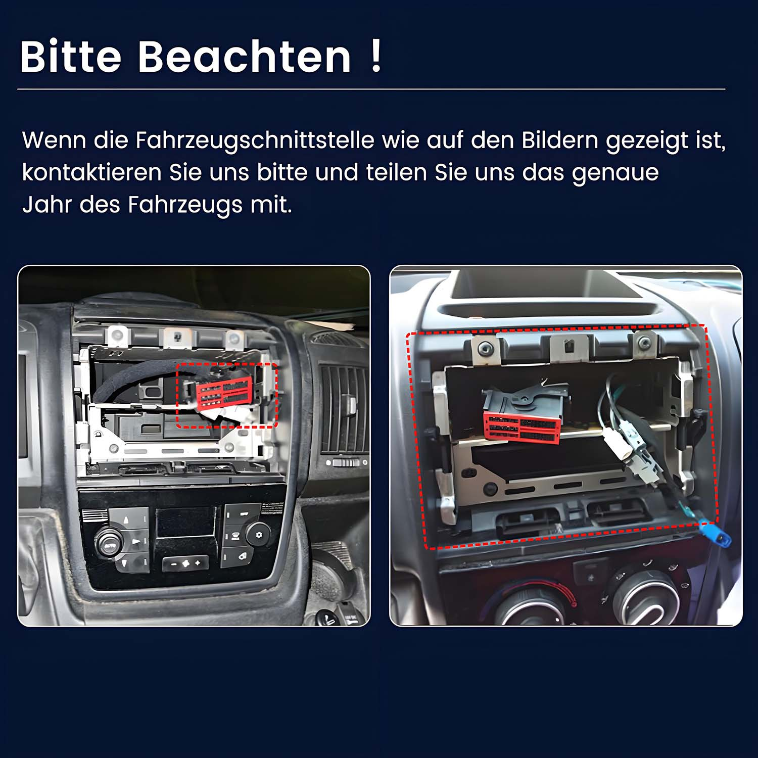 Zwei Bilder, die Armaturenbrett-Anschlüsse zeigen. Der Text oben lautet "Bitte Beachten!" auf Deutsch.