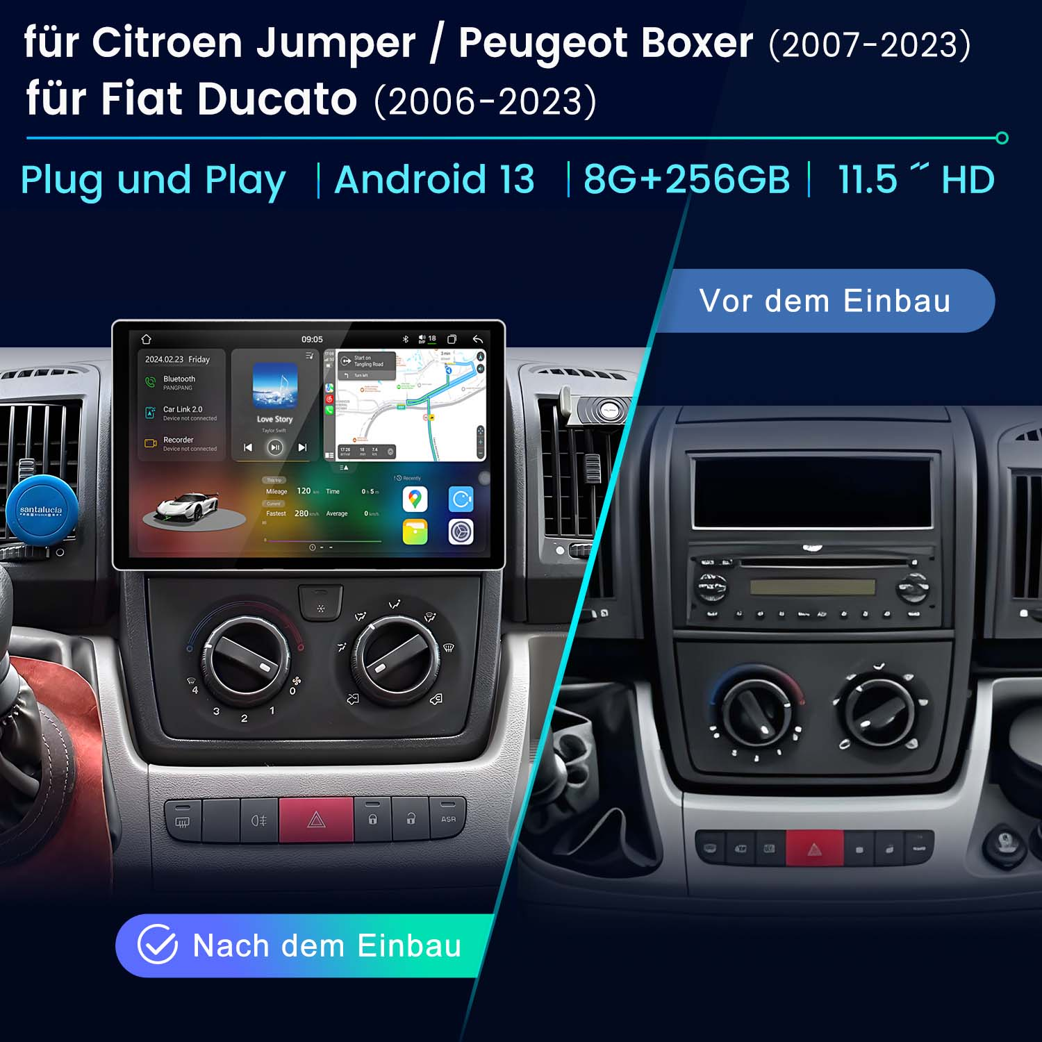 Ein Autoradio mit Bildschirm, zusammen mit dem Innenraum des Autos.