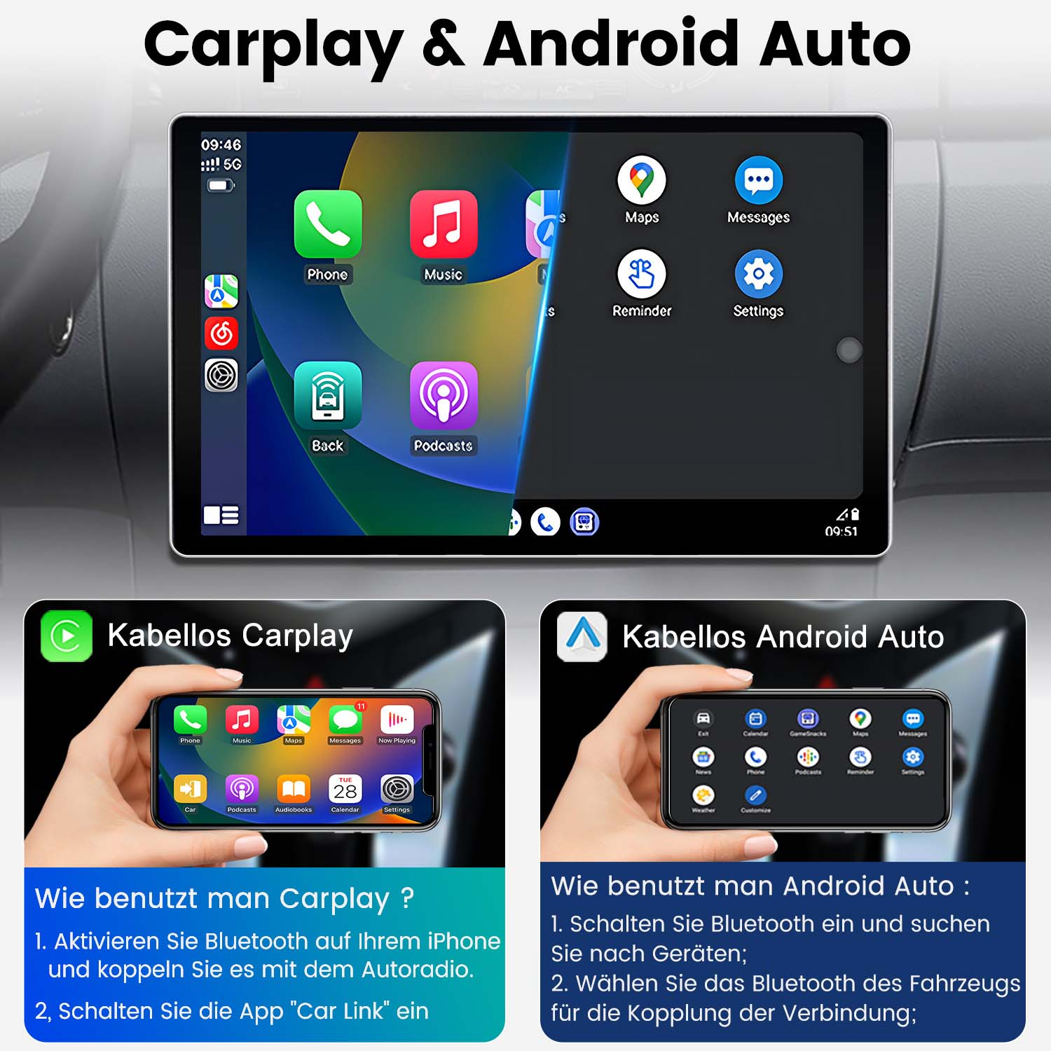 Carplay & Android Auto-Oberfläche auf einem Bildschirm, mit Einrichtungsanweisungen.