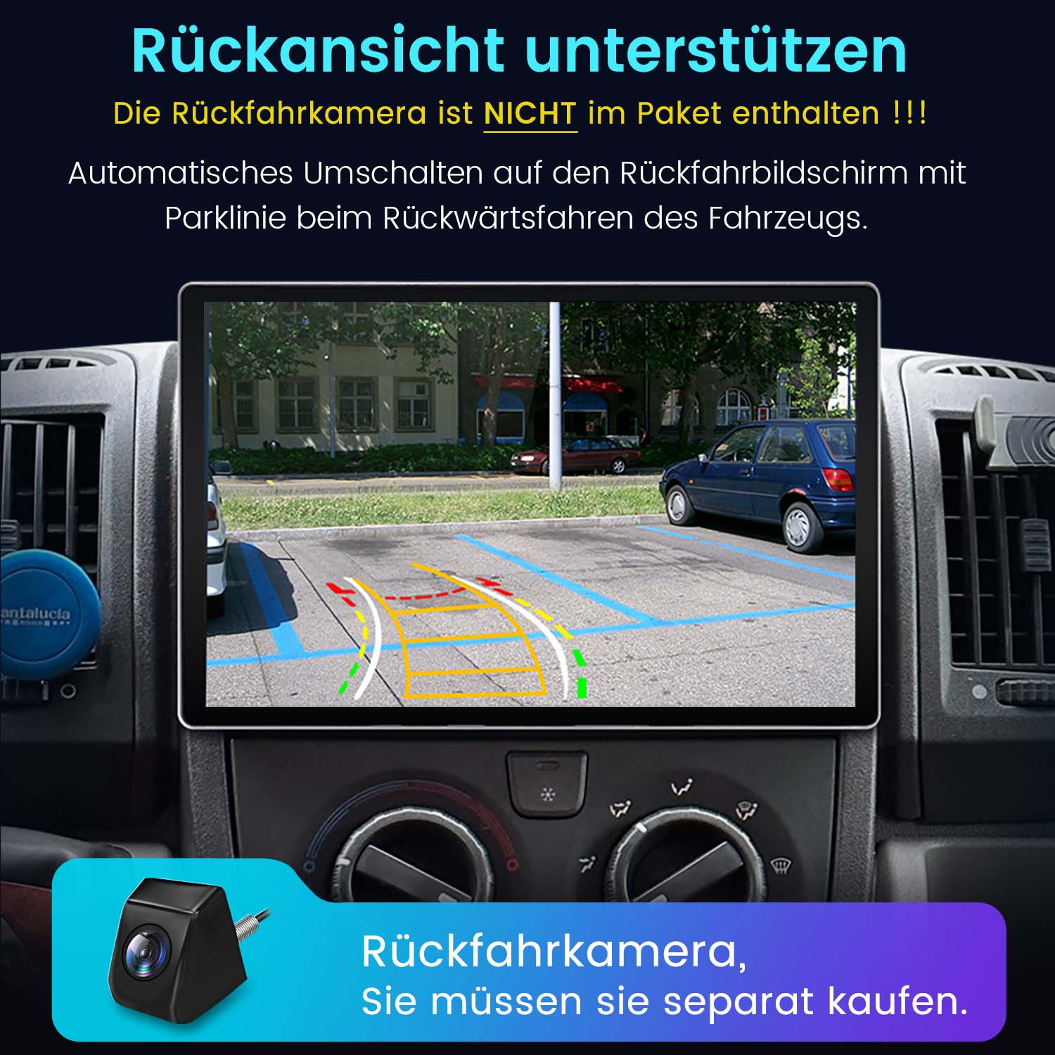 Armaturenbrett-Bildschirm eines Autos, der eine Parkszene anzeigt. Kamera und Text weisen auf Kamera hin.
