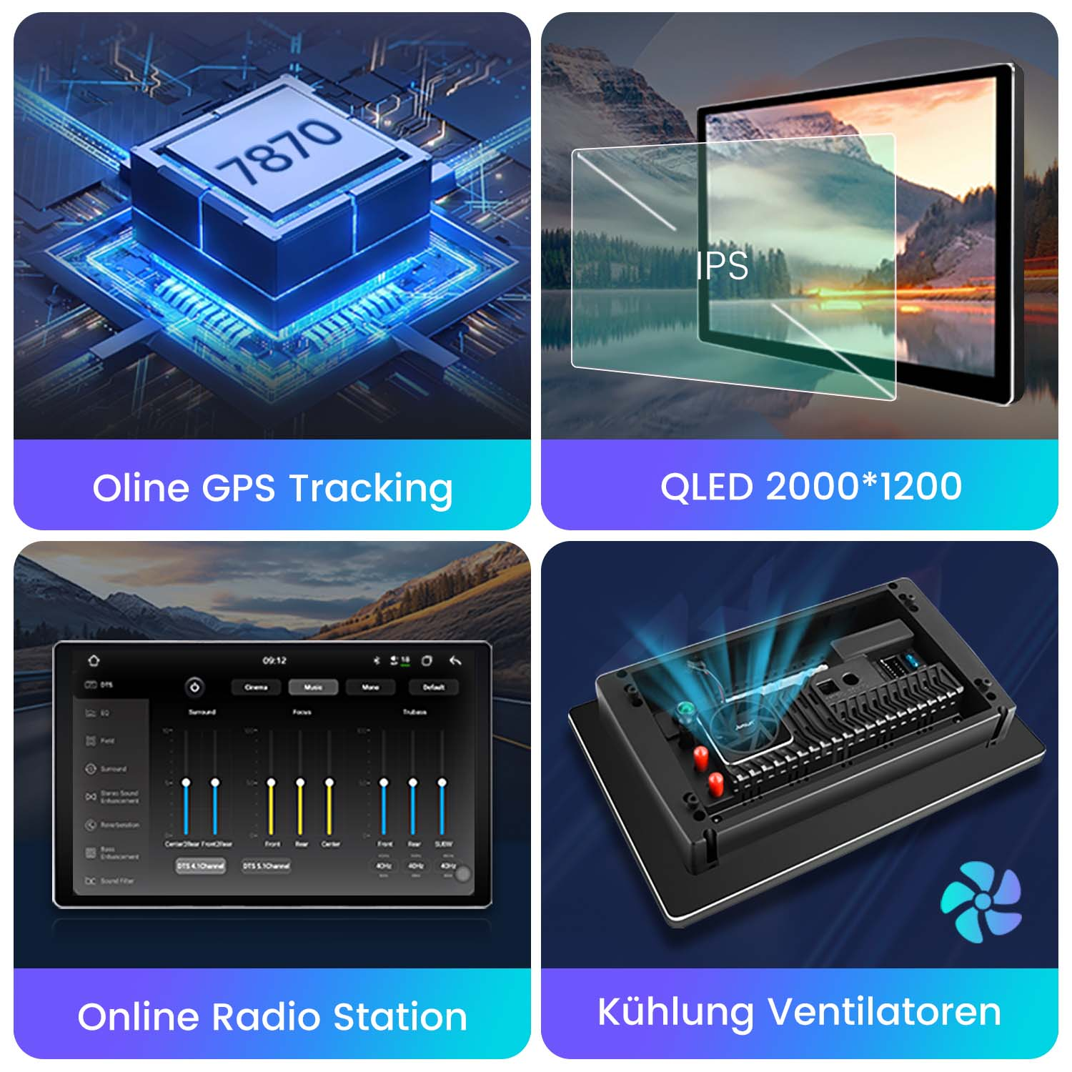 Vier Screenshots mit Funktionen der Auto-Multimedia: GPS, QLED-Bildschirm, Radiosender und Lüfter.