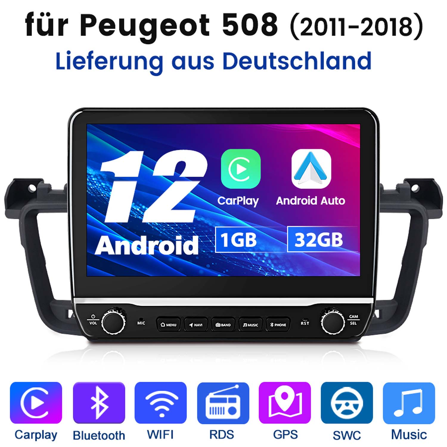 Autoradio mit Bildschirm und Symbolen, mit Text oben.