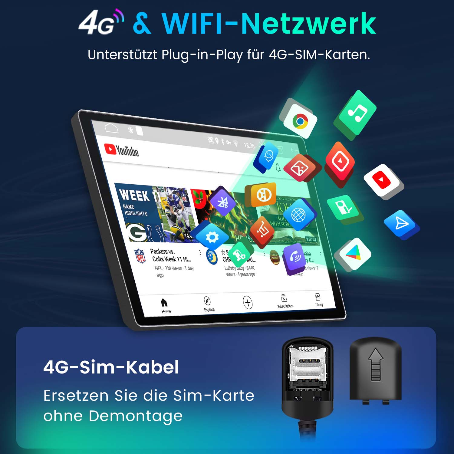 Ein Tablet, das ein Youtube-Video zeigt, mit Symbolen drumherum. Darunter ein schwarzer SIM-Kartenadapter.