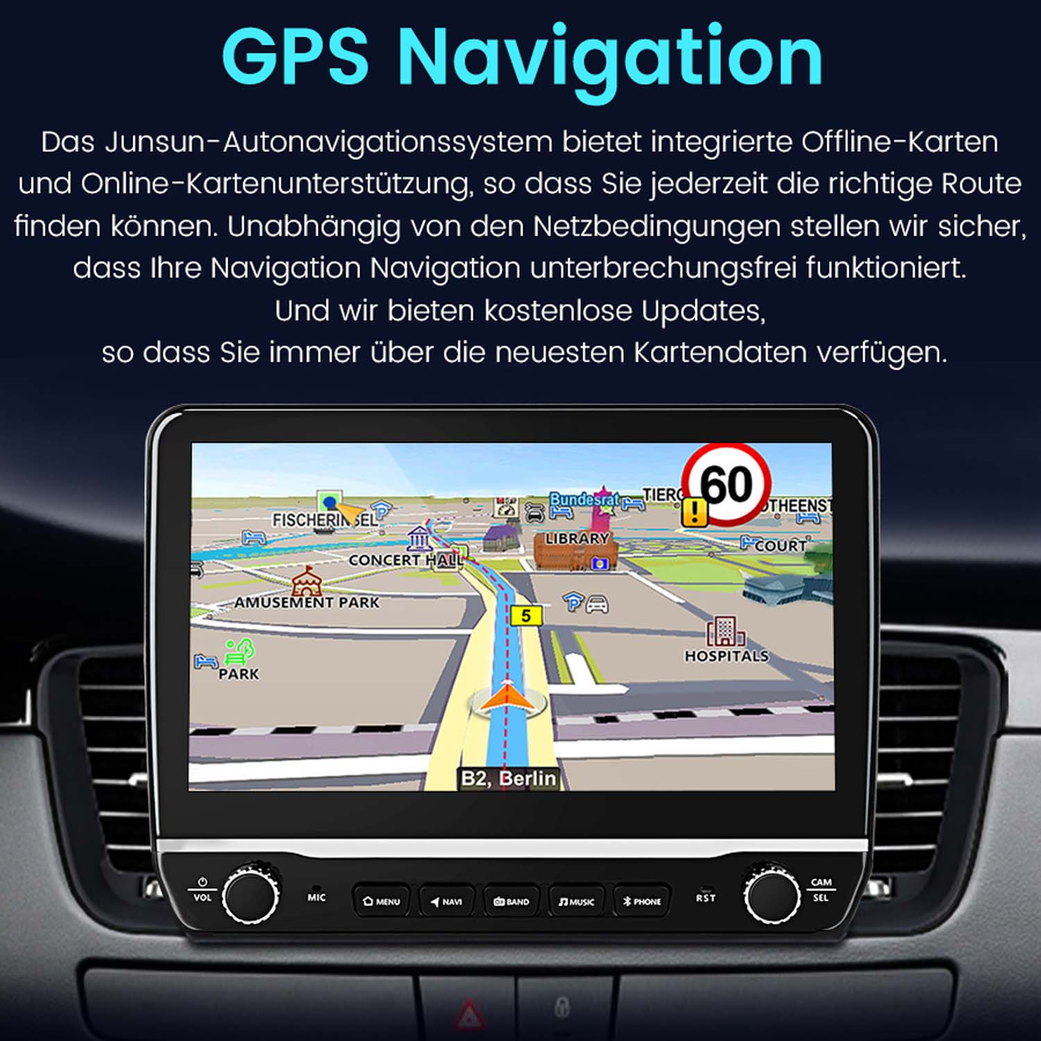 GPS-Navigationssystem-Bildschirm mit einer Karte von Berlin und einem Geschwindigkeitsbegrenzungsschild.
