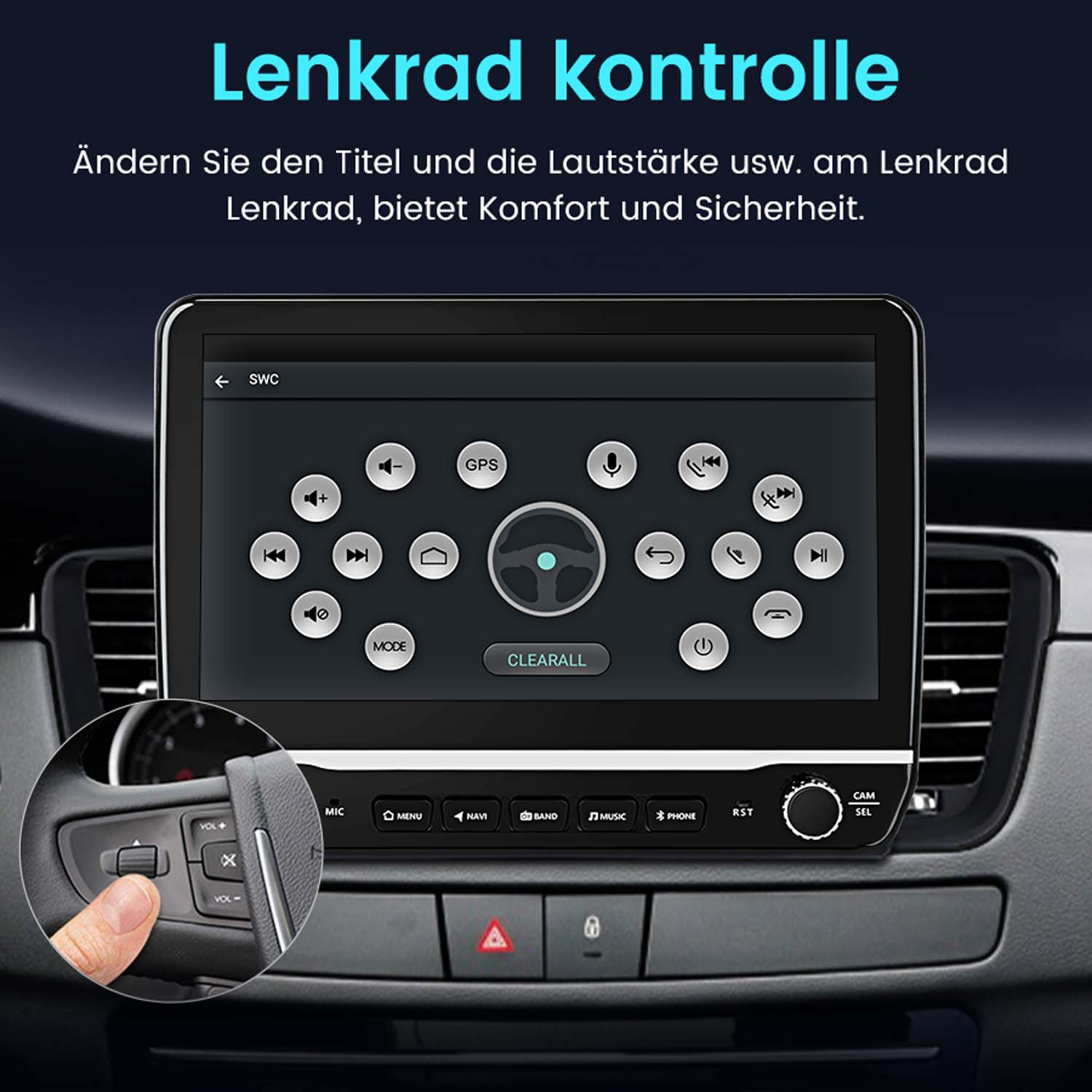 Auto-Multimedia-System mit Lenkradbedienung. Nahaufnahme.