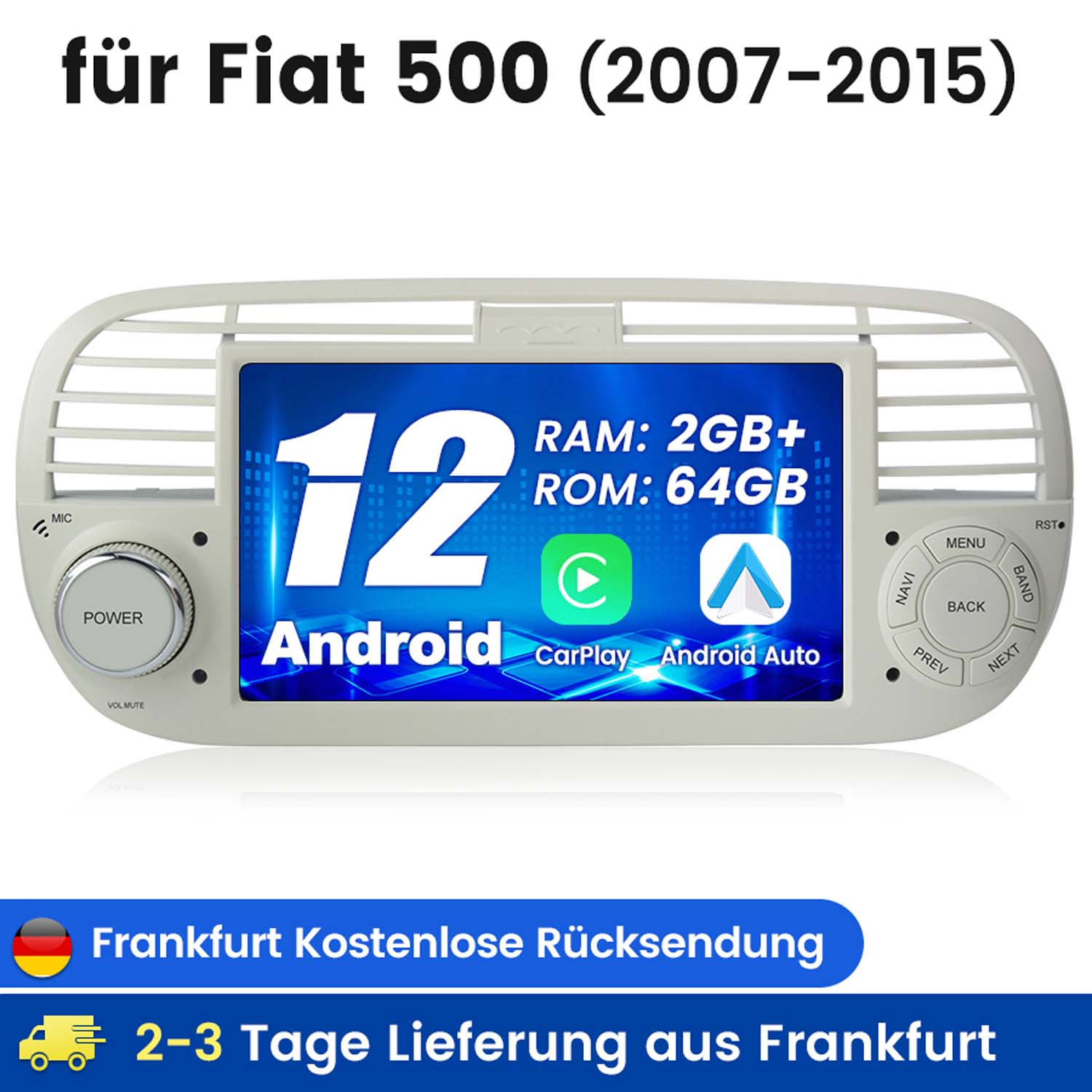 Autoradio mit großem Bildschirm, der Text Android, CarPlay und Android Auto sind sichtbar.