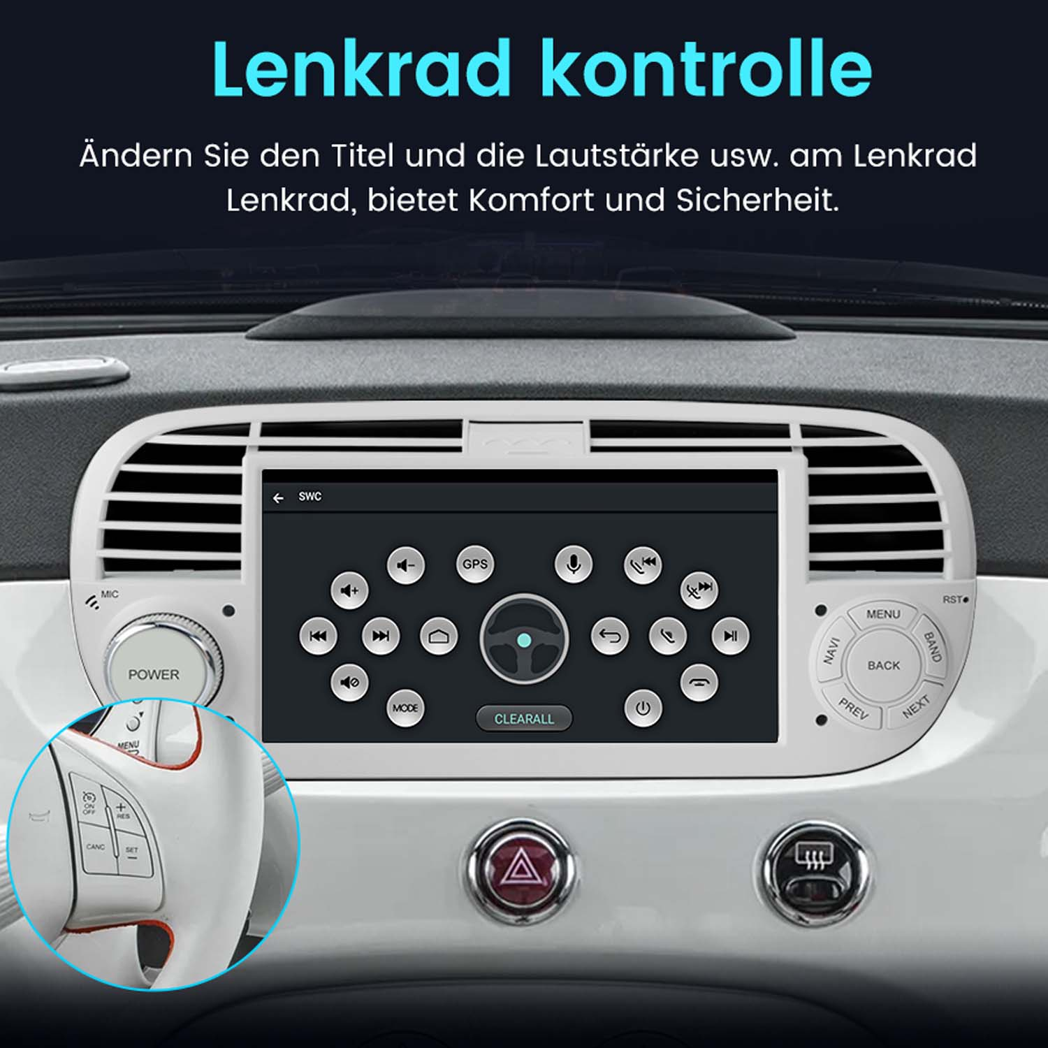 Armaturenbrett eines Autos mit Bildschirm, Lenkrad und verschiedenen Bedienelementen.