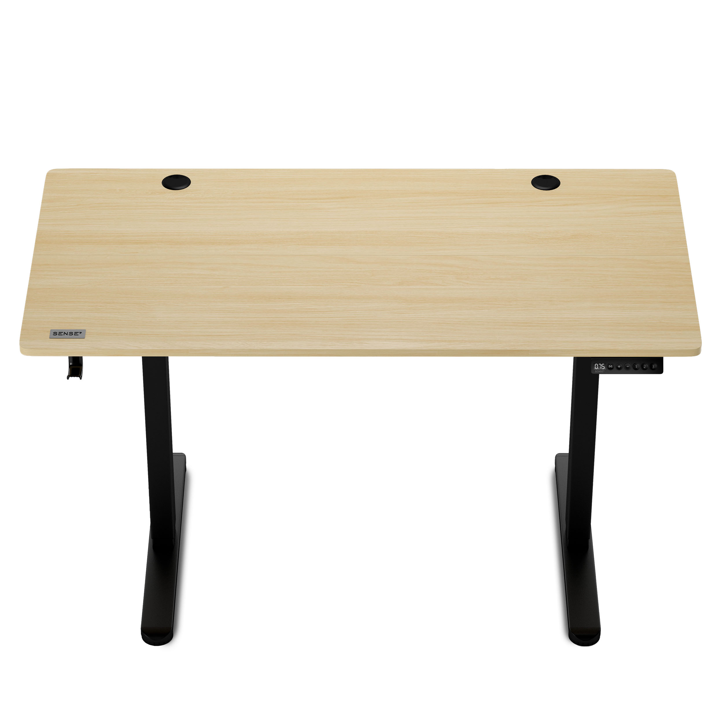 Scrivania regolabile in altezza con piano in legno chiaro, gambe nere e pannello comandi.