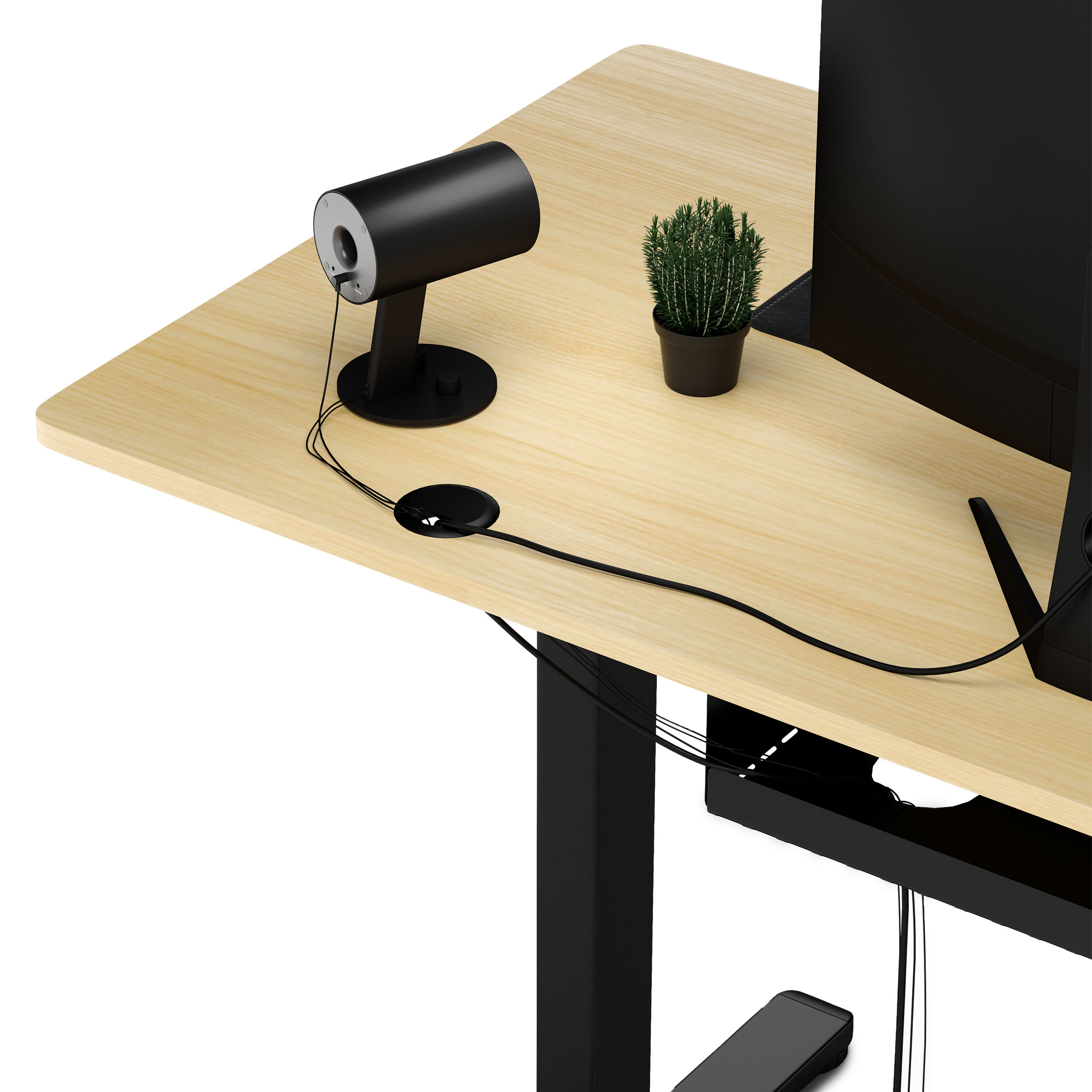 Scrivania in legno chiaro con monitor, webcam e piccola pianta. Cavi gestiti sotto la scrivania.