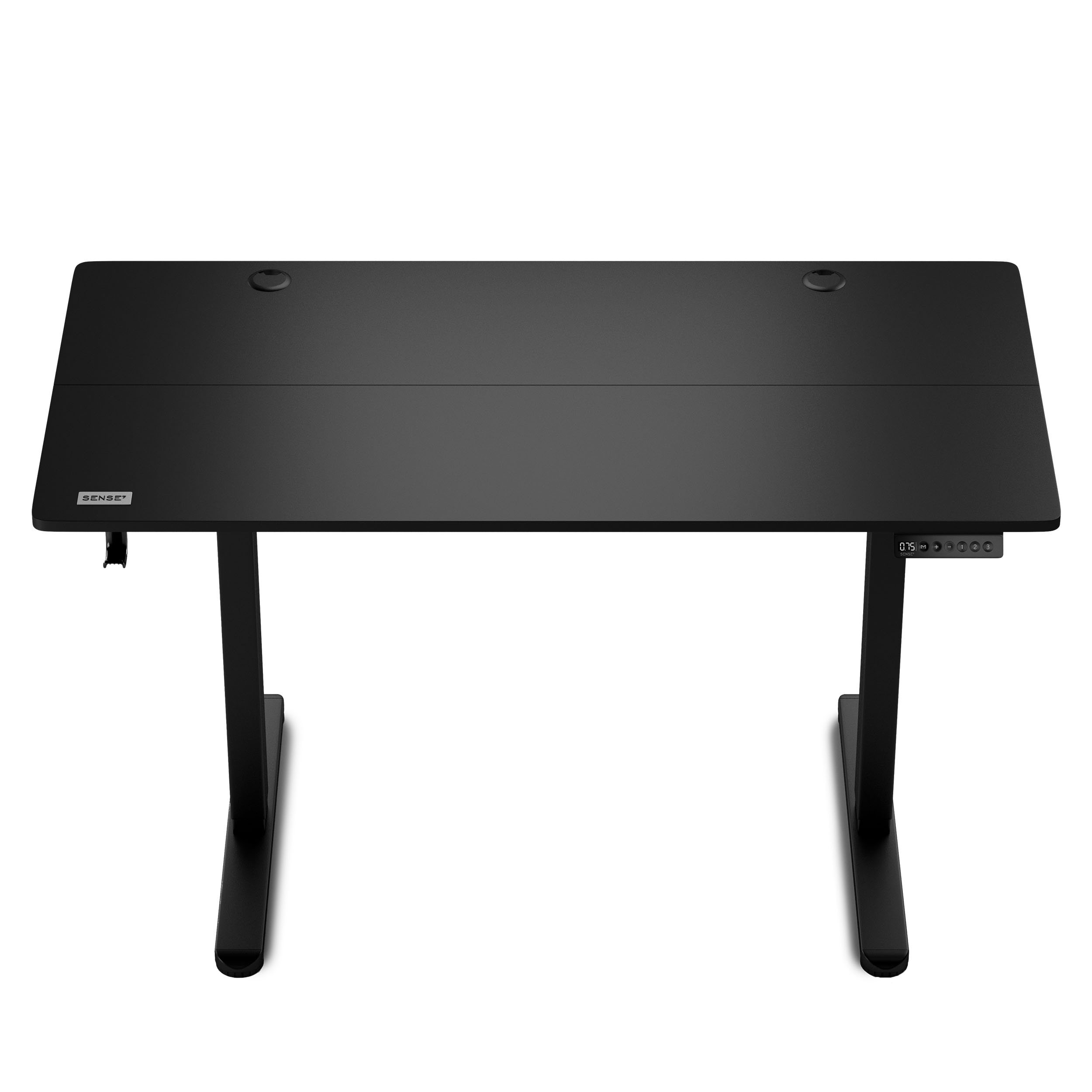 Scrivania nera con telaio e gambe nere. Sfondo bianco. Design moderno.