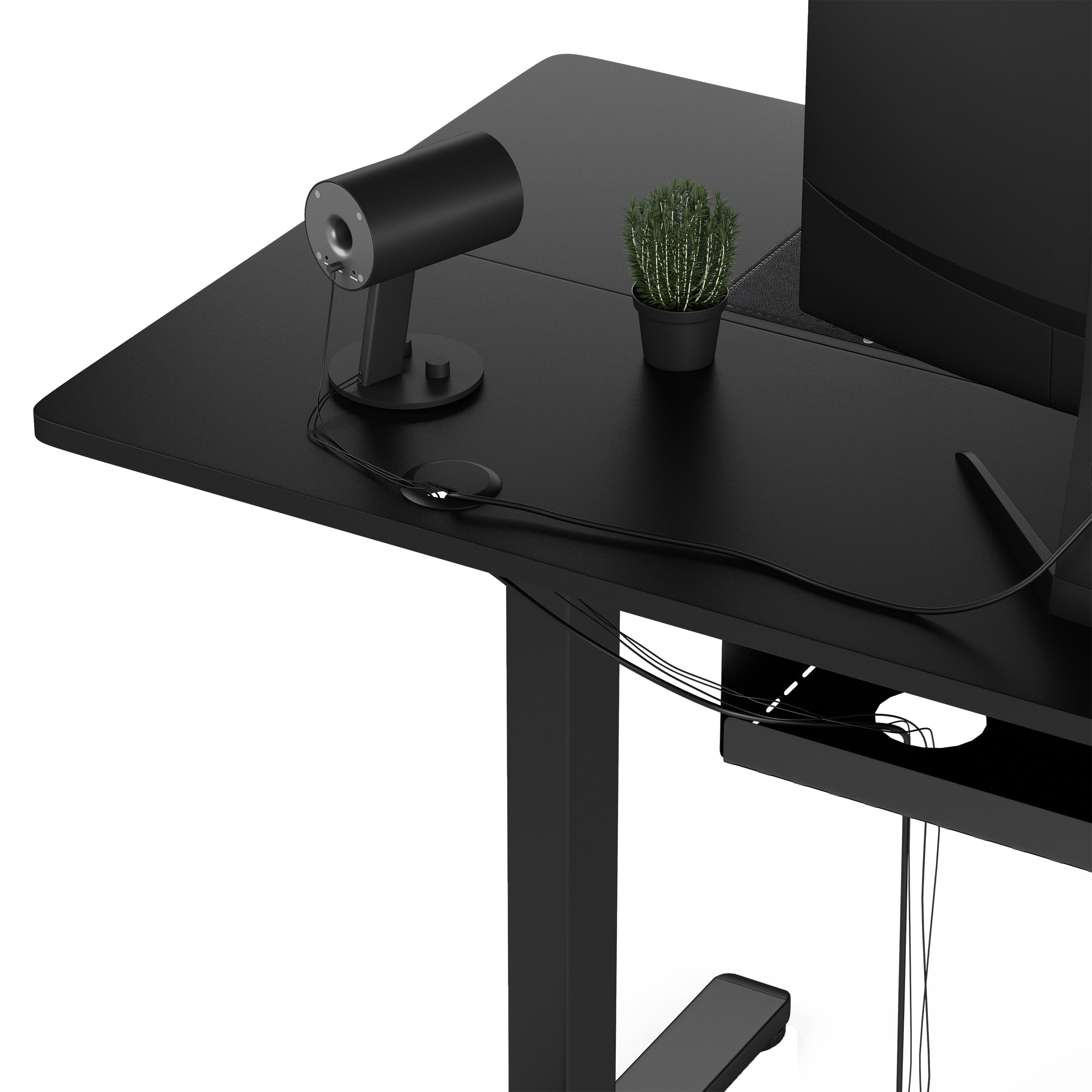 Una scrivania nera con un monitor, una piccola pianta, una telecamera e gestione dei cavi.