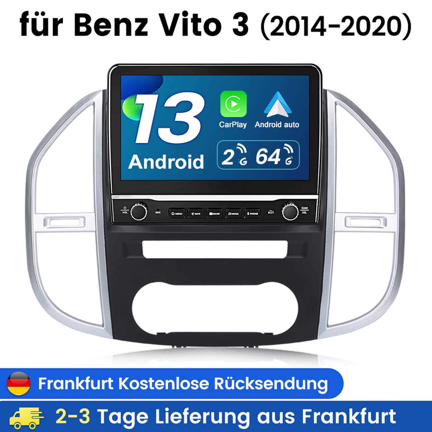 Auto-Multimedia-System in seinem Rahmen. Bildschirm zeigt CarPlay- und Android Auto-Oberfläche. Text oben: Benz Vito.