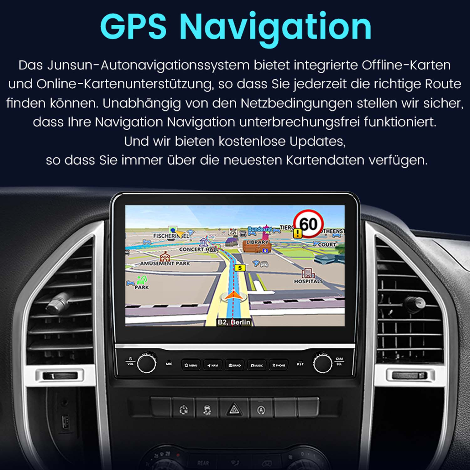 Armaturenbrett mit GPS-Navigationsbildschirm, der eine Karte mit einer Route zeigt.