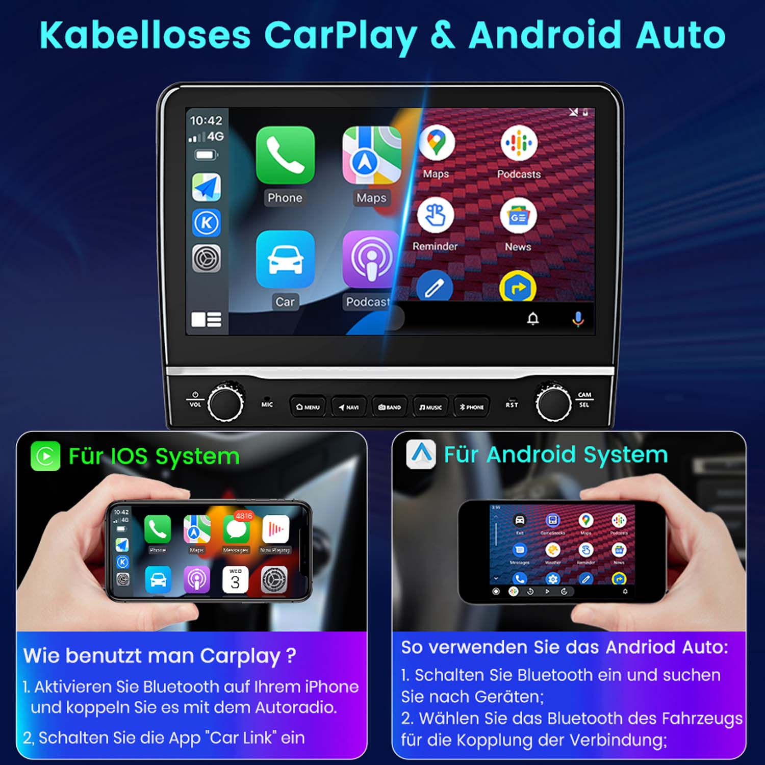 Auto-Stereo-Bildschirm mit einem Telefonbildschirm mit App-Symbolen. Anweisungen für CarPlay und Android Auto.
