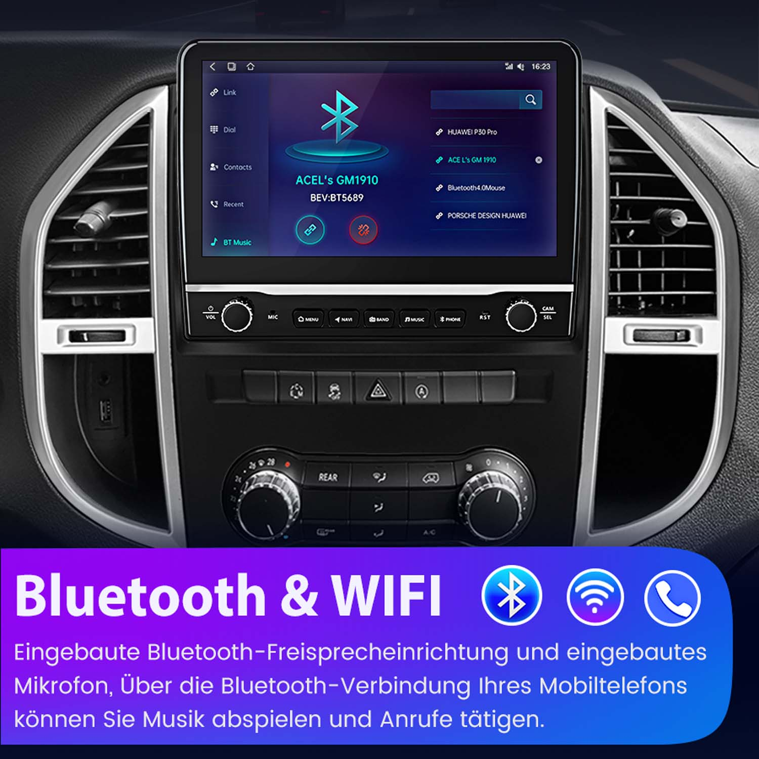 Armaturenbrett eines Autos mit einem Bildschirm, der eine Benutzeroberfläche für das Infotainment-System des Autos anzeigt.