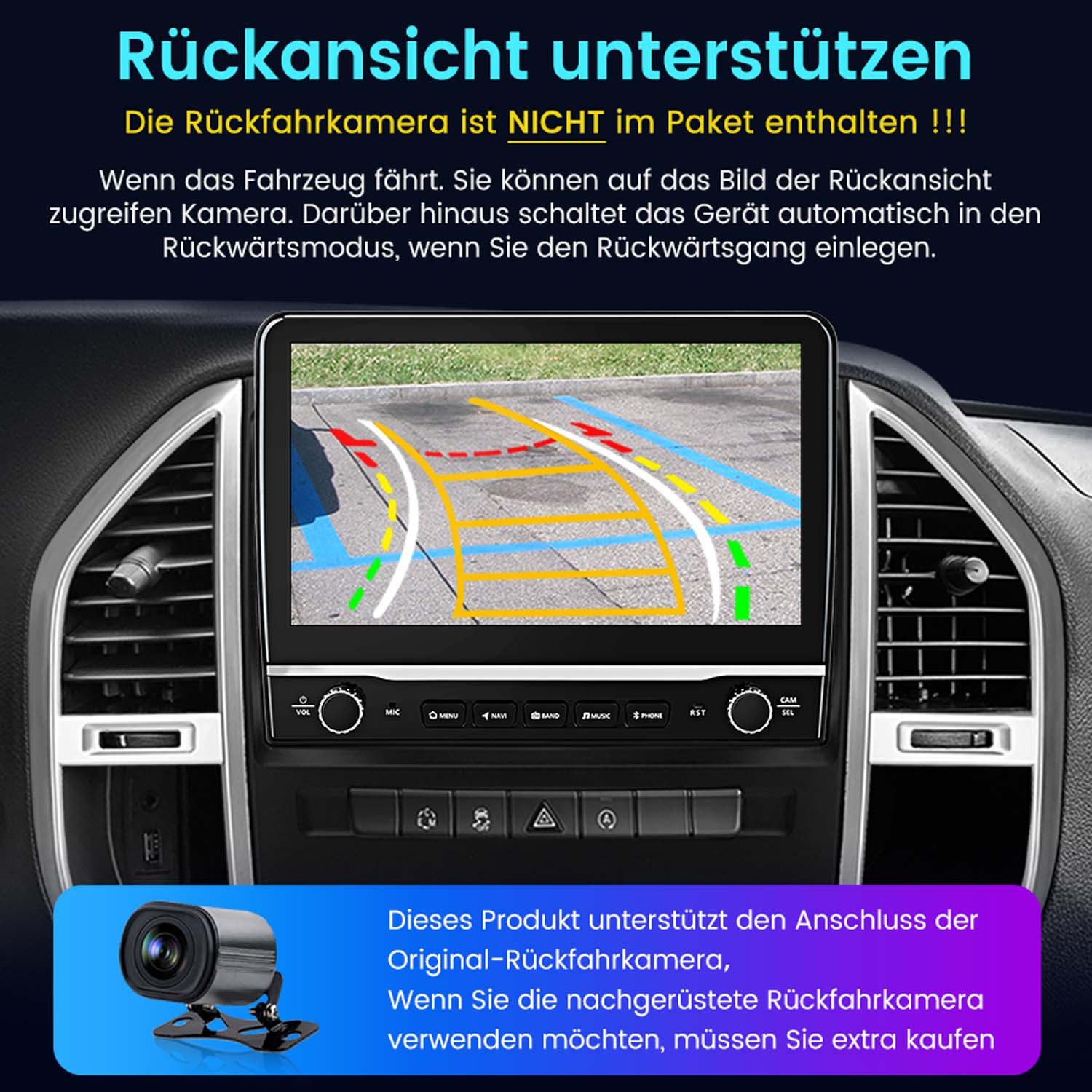 Armaturenbrett mit Bildschirm, der Rückfahrkamera zeigt; kleine Kamera unten. Text auf Deutsch.