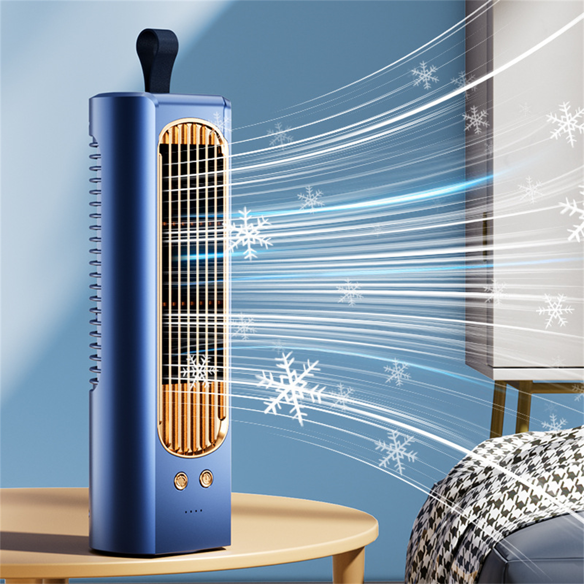 Ein blauer und goldener tragbarer Luftkühler mit Schneeflocken und einem Tisch.