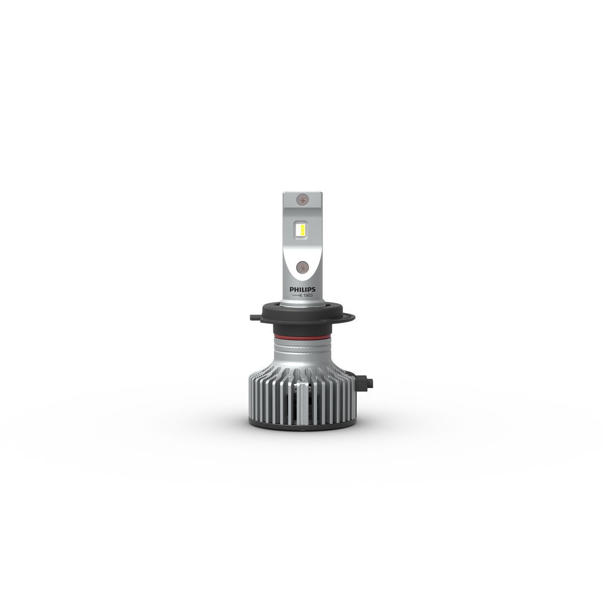 LED-Scheinwerferlampe mit weißem Körper und silbernem Kühlkörper, vor weißem Hintergrund.