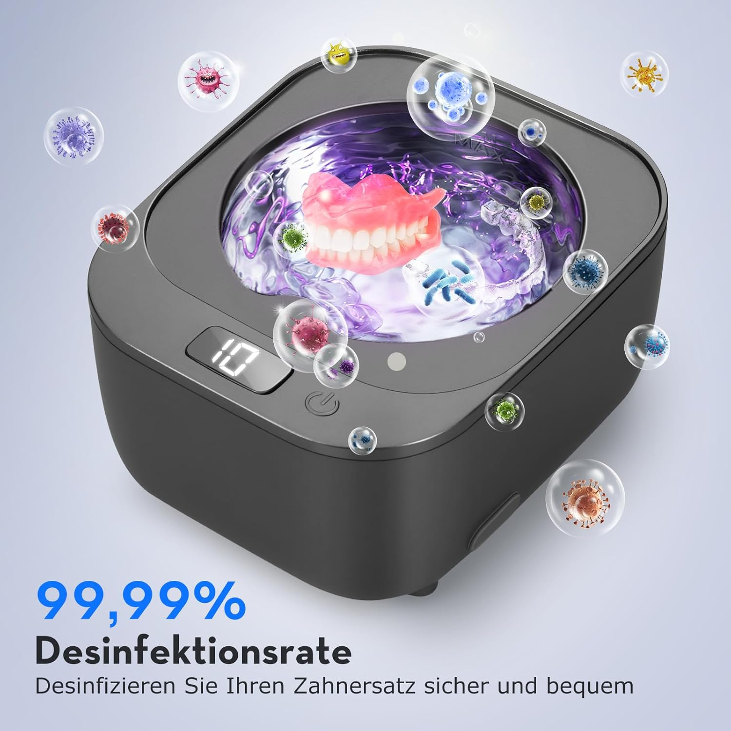 Zahnreinigungsgerät mit Zahnersatz, umgeben von Viren.