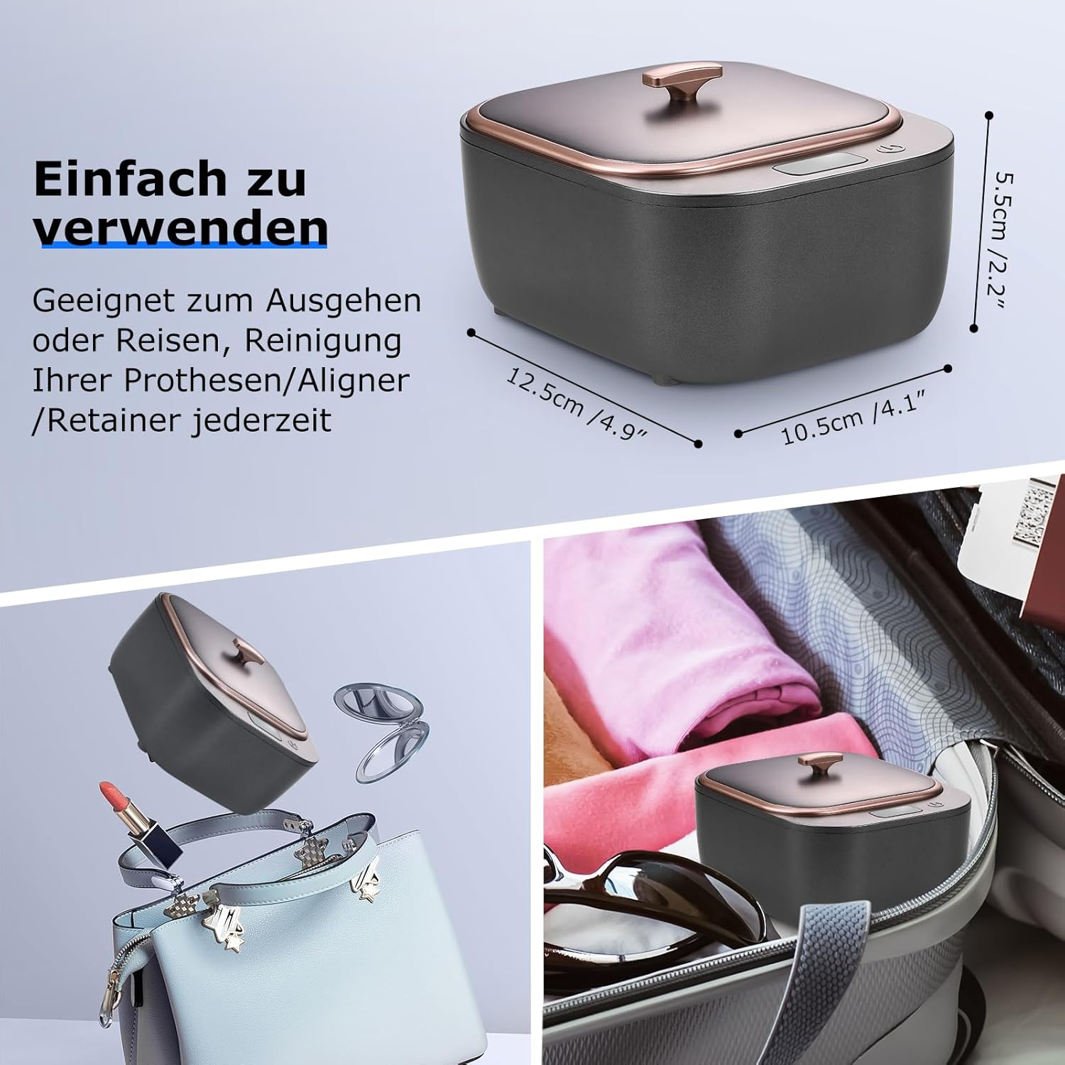 Ein kleiner grauer Behälter mit roségoldenem Deckel. Für die Reinigung von Zahnersatz, mit Zubehör und Reiseanwendung.