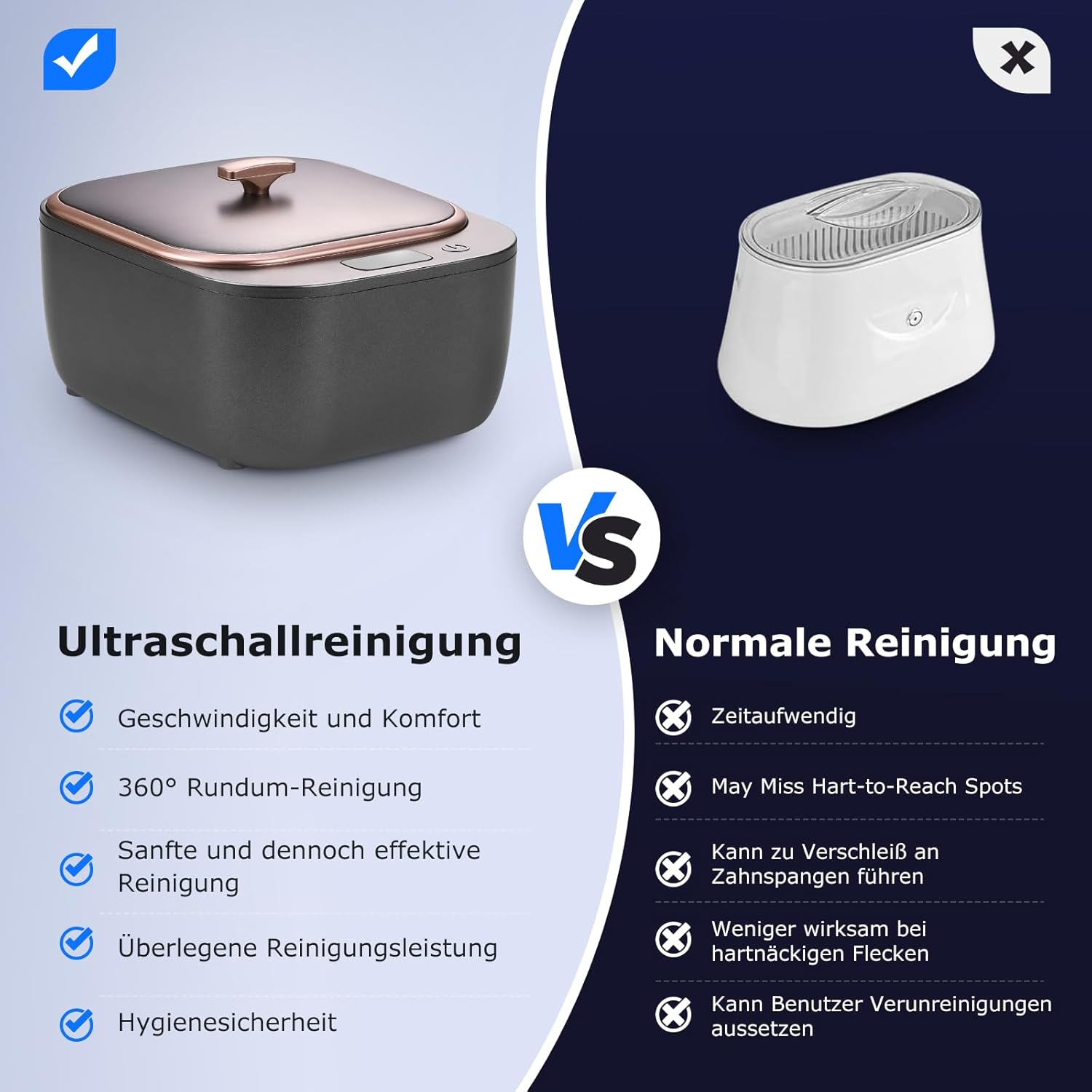 Vergleich von Ultraschallreinigung vs. normaler Reinigung, zeigt Vorteile wie Geschwindigkeit und Hygiene.