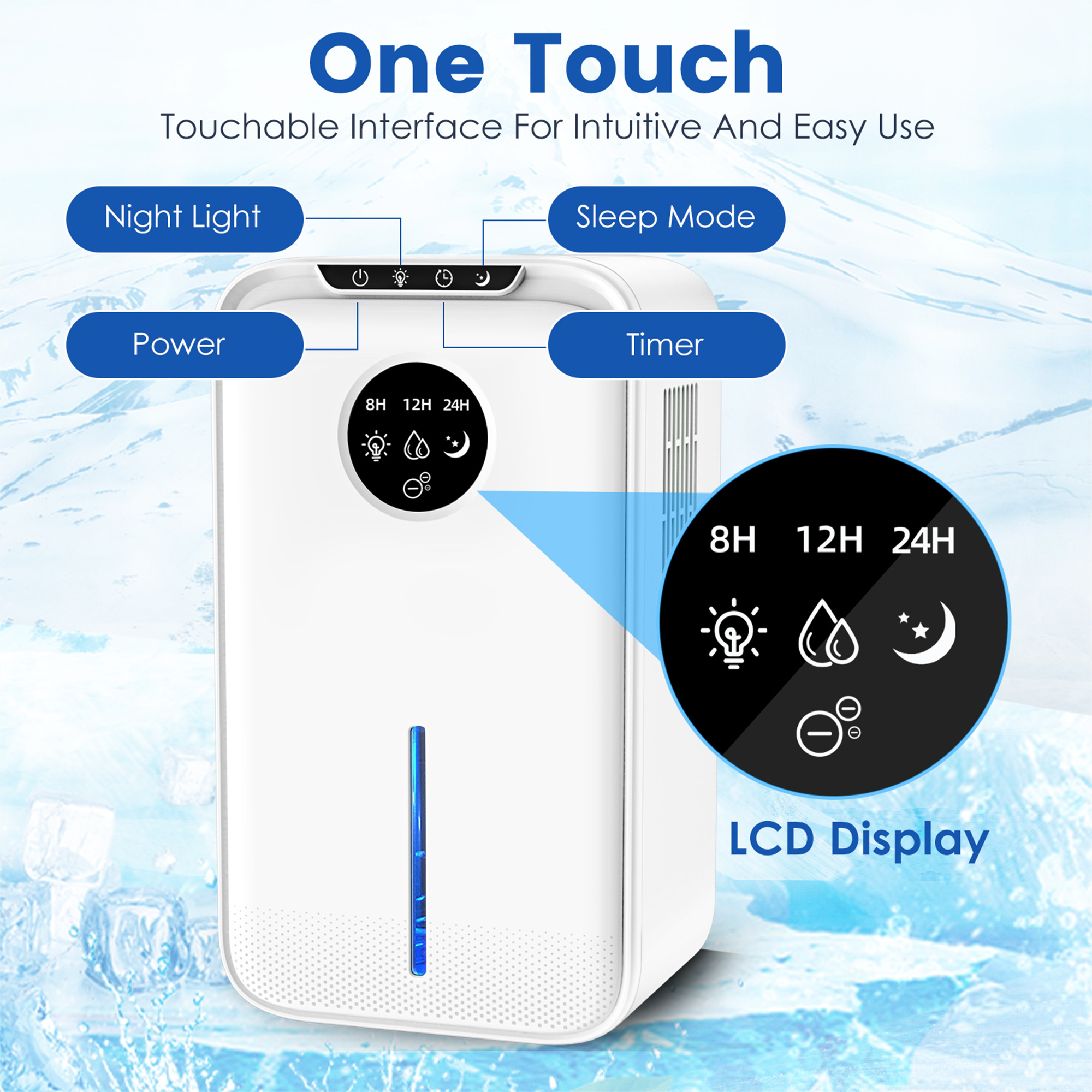 Weißer Luftreiniger mit blauem Licht und Bedienfeld mit Tasten für Power, Timer und Schlafmodus.