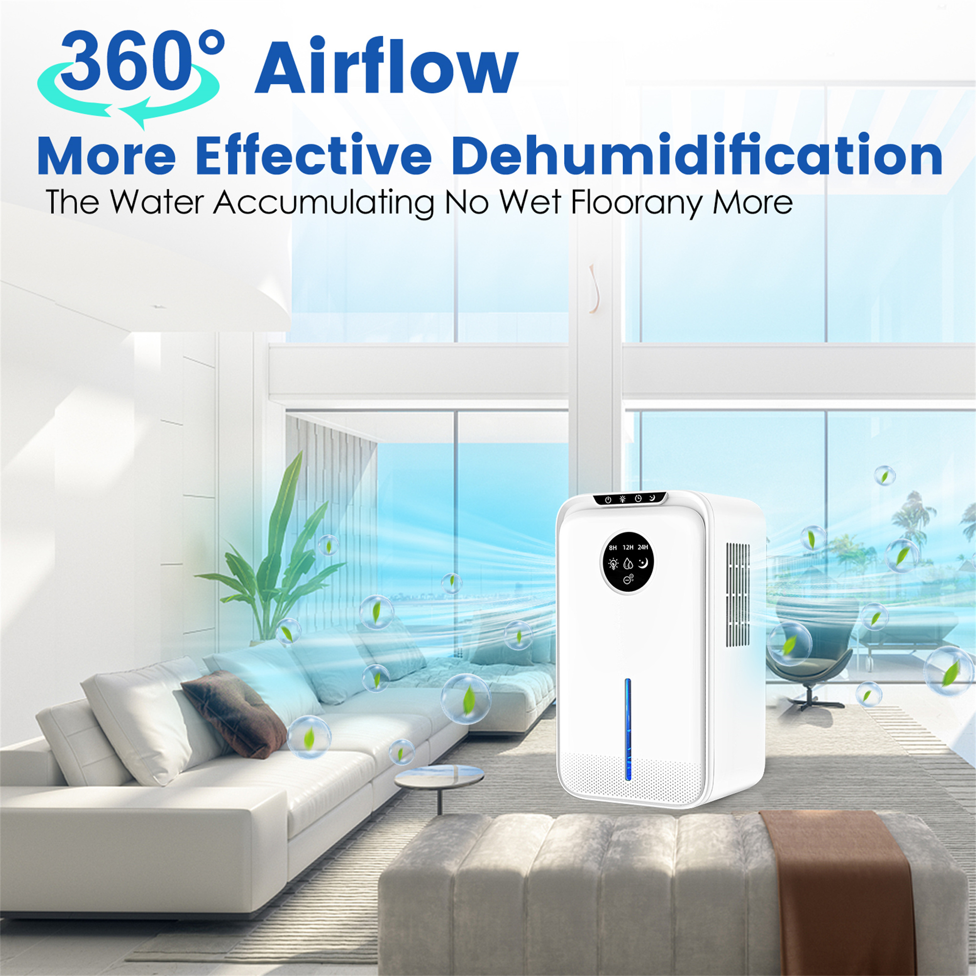 Modernes Wohnzimmer mit Luftentfeuchter. Text: '360° Airflow, More Effective Dehumidification'.