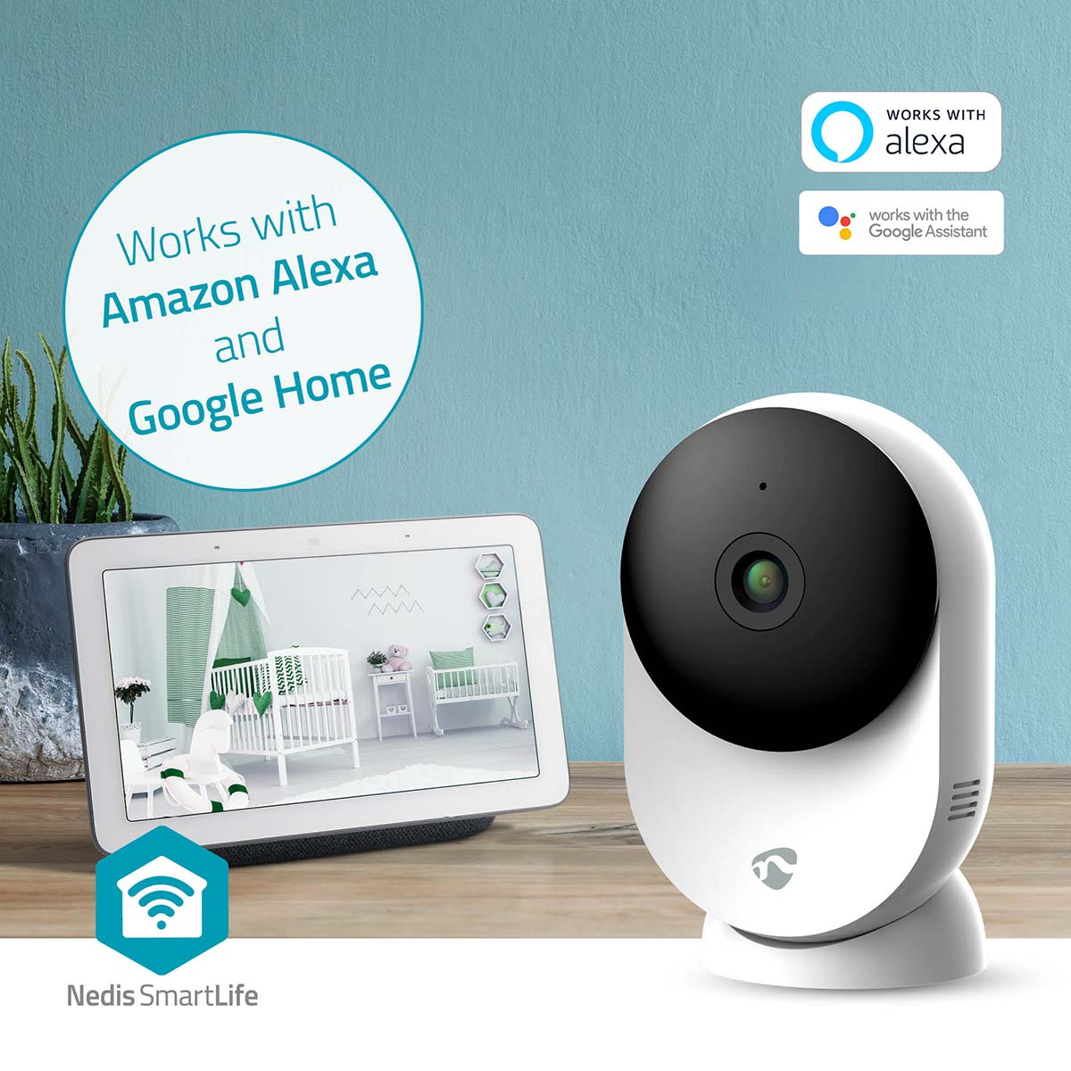 Weiße Überwachungskamera und Smart-Home-Hub mit Text: Funktioniert mit Amazon Alexa und Google Home.
